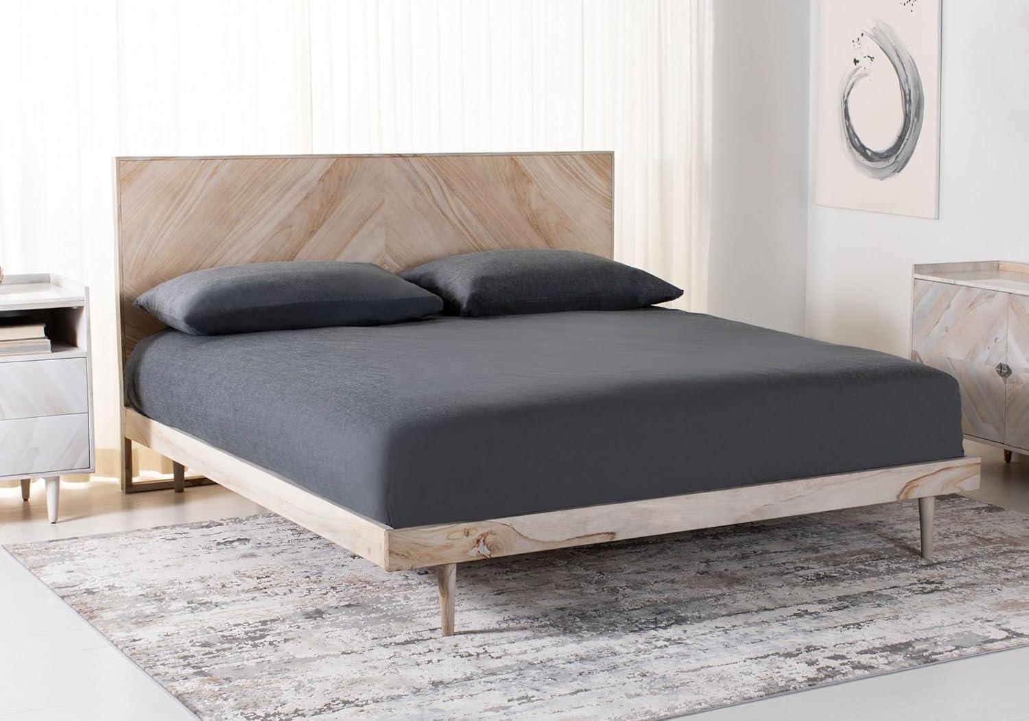 image:imageSAFAVIEH Couture Collection Cora Rose White Wash Solid Wood Herringbone Queen Size BedWhite Wash