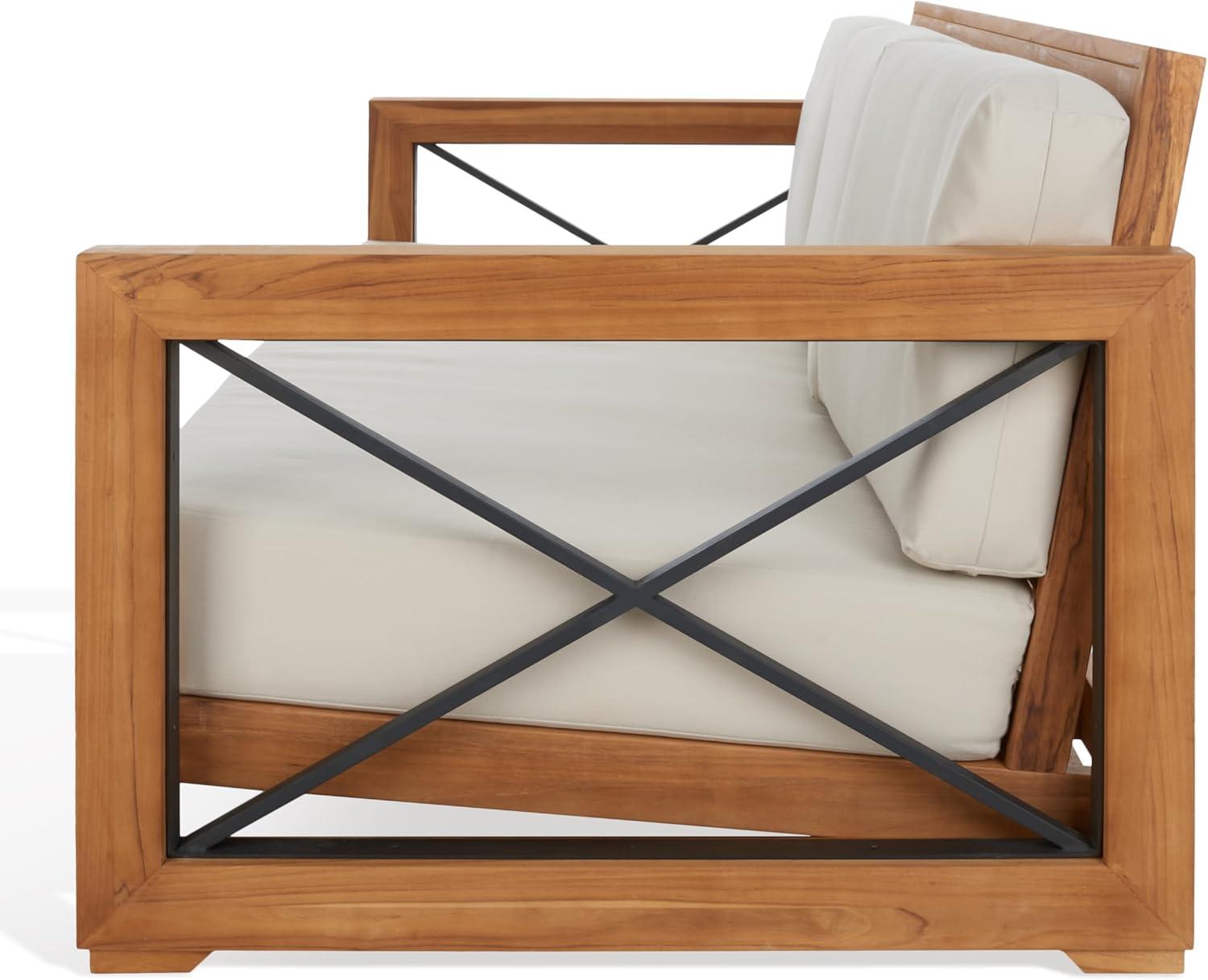 image:imageSAFAVIEH Couture Outdoor Patio Furniture Collection Curacao 3Seat Patio Sofa Brazilian Teak Wood Frame with Removable White Cushions Modern Outdoor Seating CPT1010A