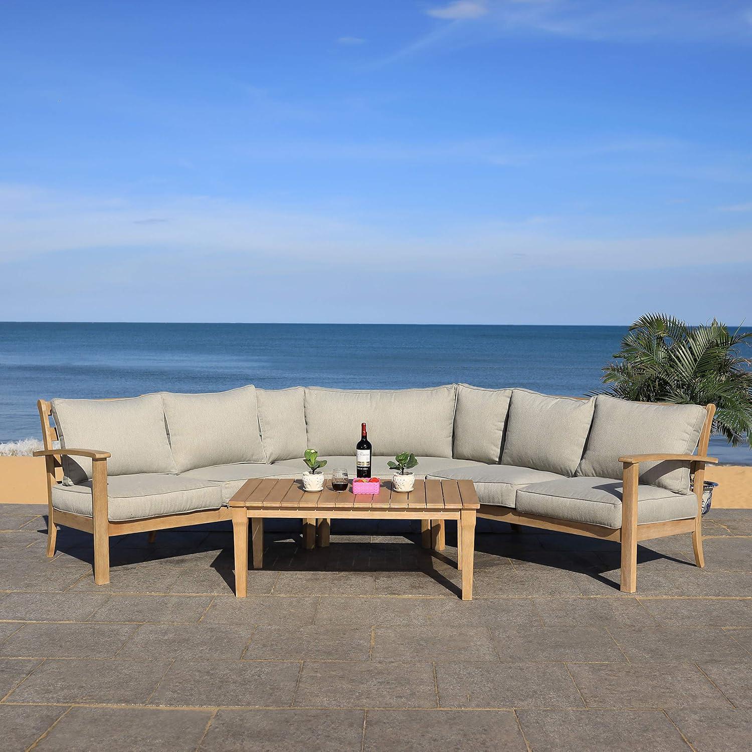 image:imageSAFAVIEH Couture Outdoor Patio Furniture Collection Santa Cruz Coffee Table Natural Eucalyptus Wood Slatted Top Modern Outdoor Accent Table CPT1016A