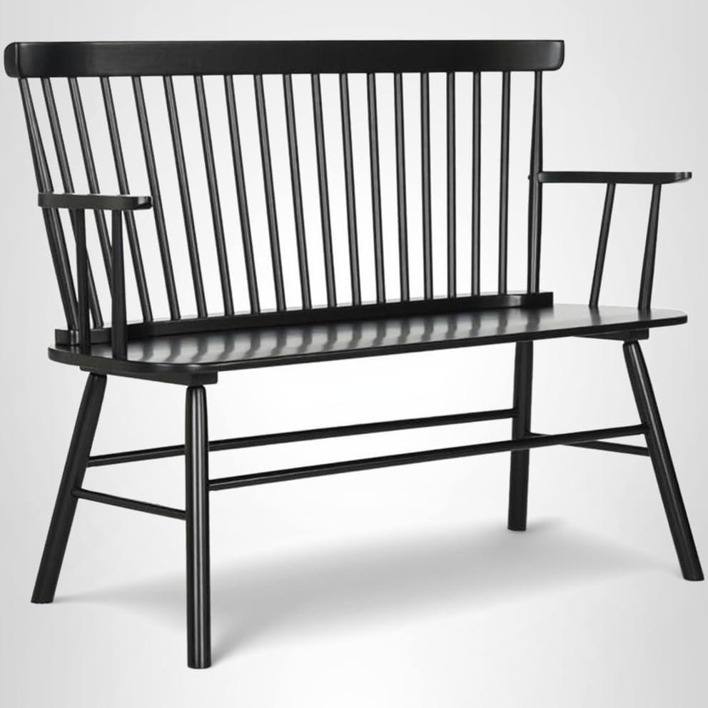image:imageSAFAVIEH Home Collection Addison Black Solid Wood Spindle Back Loveseat Bench Farmhouse Settee for Entryway Living Room or Dining Area AMH8513ABlack