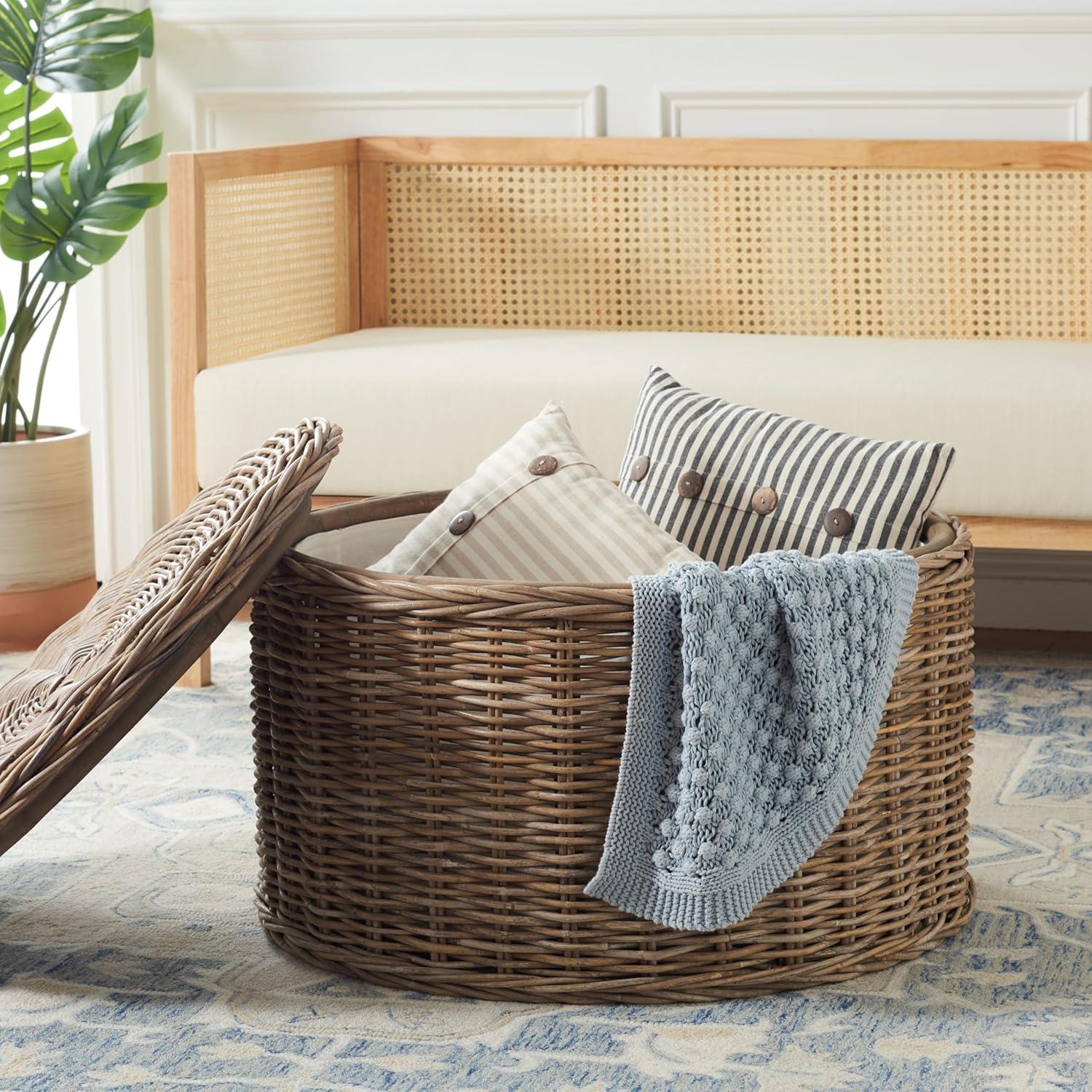 image:imageSAFAVIEH Home Collection Jesse Grey Wicker Storage Round Coffee Table Fully Assembled Handwoven Rattan with LiftOff Lid amp CottonLined Interior Decorative Living Room Accent SEA7034BGrey