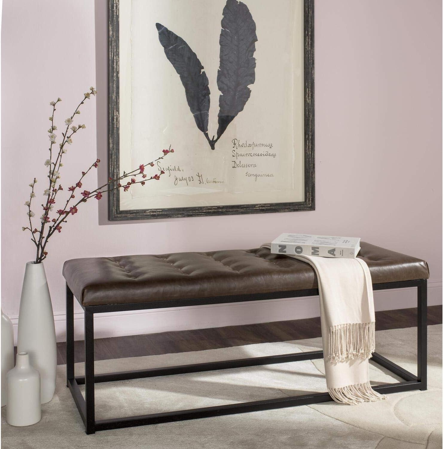 image:imageSAFAVIEH Home Collection Reynolds Black Tufted Upholstered Accent Bench Modern ParsonsStyle Open Frame Bench with Brass Legs for Bedroom Entryway or Living Room FOX6225EBeige Black