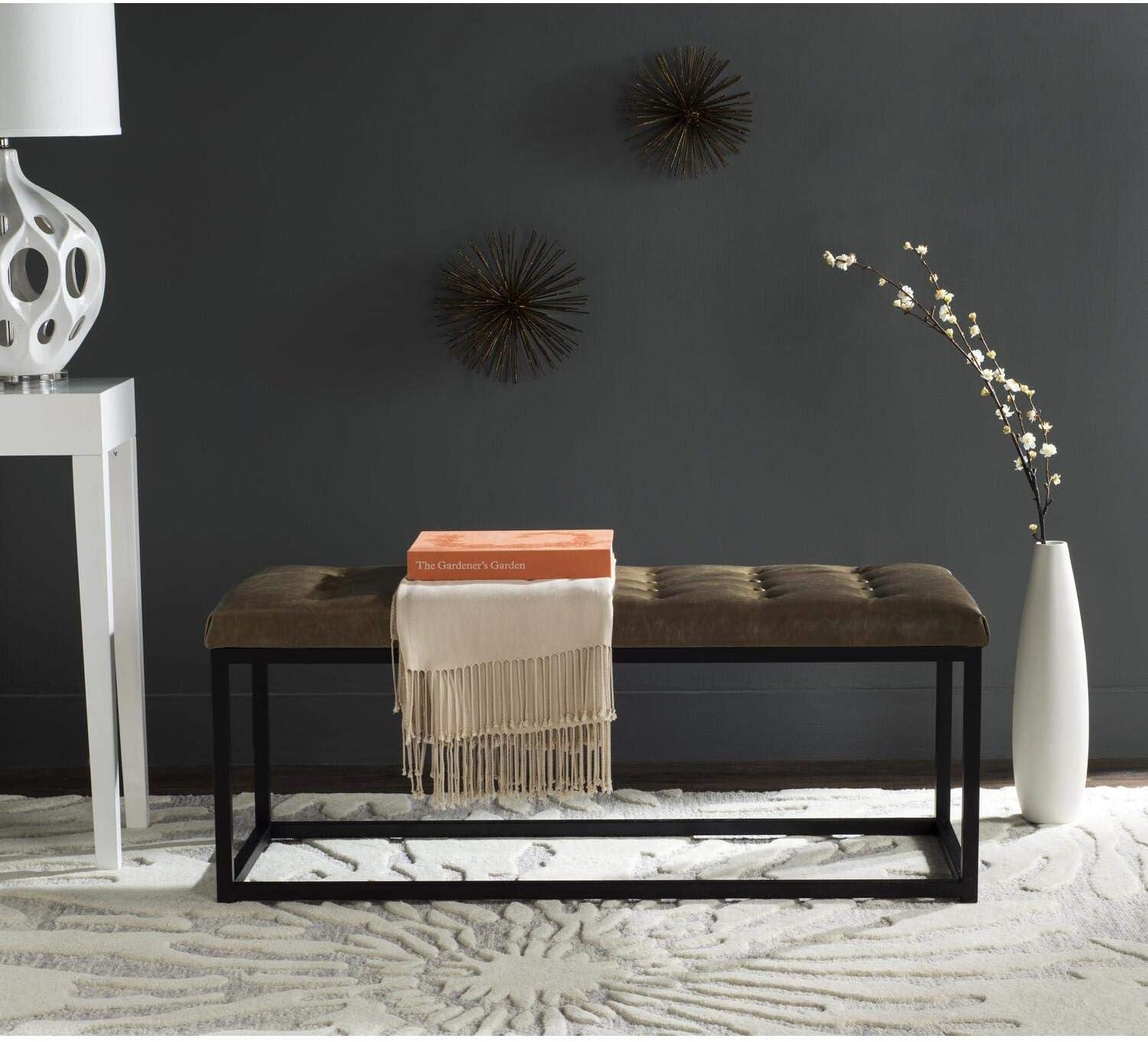 image:imageSAFAVIEH Home Collection Reynolds Black Tufted Upholstered Accent Bench Modern ParsonsStyle Open Frame Bench with Brass Legs for Bedroom Entryway or Living Room FOX6225EBeige Black