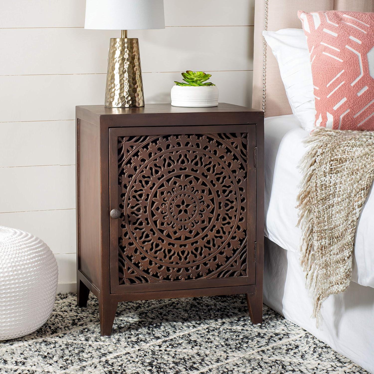 image:imageSAFAVIEH Home Collection Thea Brown Carved Mandala 1Door Storage Nightstand Fully Assembled Boho Accent Side Table NST5300ABrown