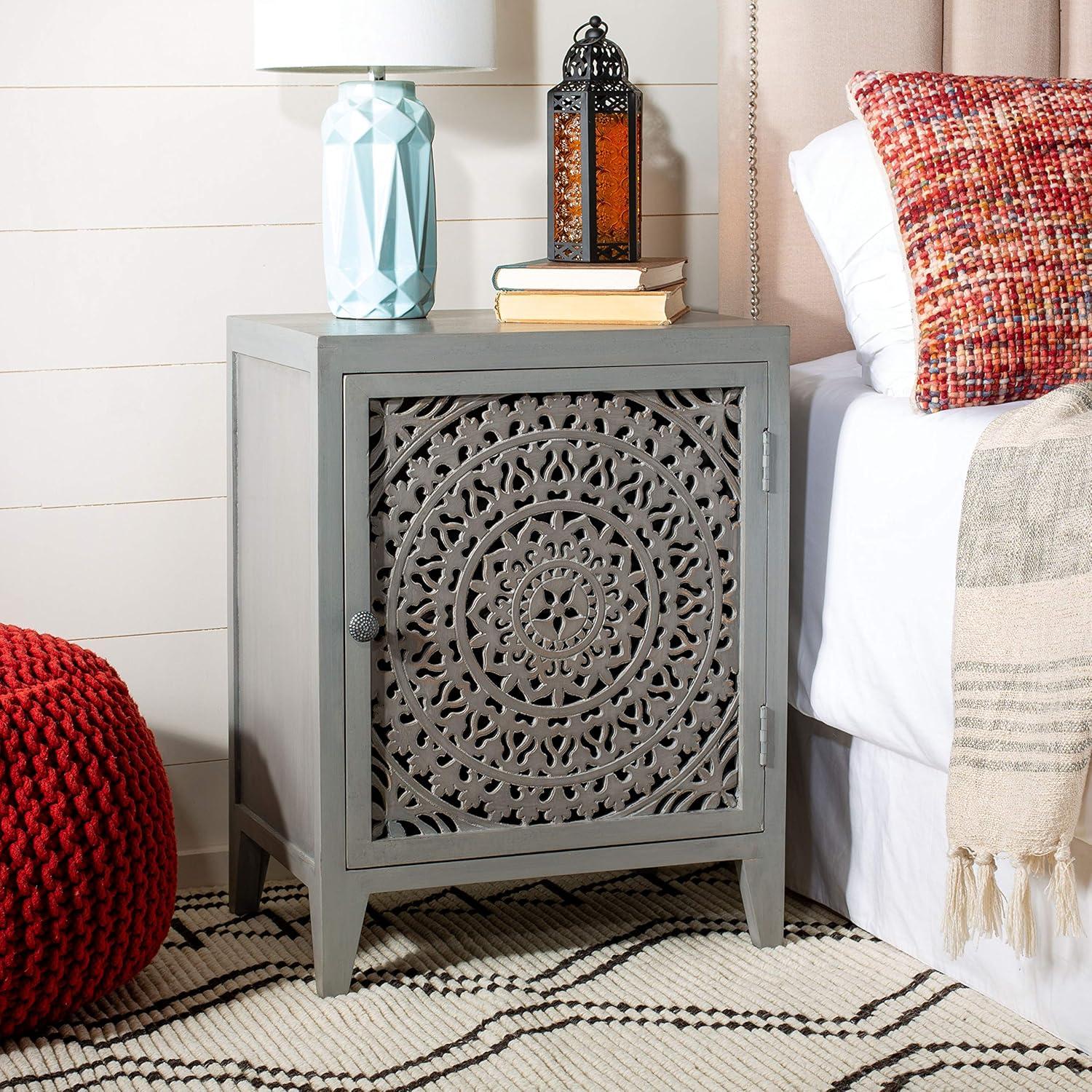 image:imageSAFAVIEH Home Collection Thea Brown Carved Mandala 1Door Storage Nightstand Fully Assembled Boho Accent Side Table NST5300AGrey Walnut