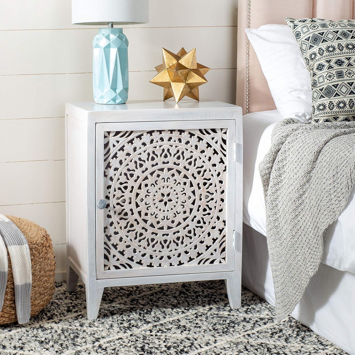 image:imageSAFAVIEH Home Collection Thea Brown Carved Mandala 1Door Storage Nightstand Fully Assembled Boho Accent Side Table NST5300AWhite Washed
