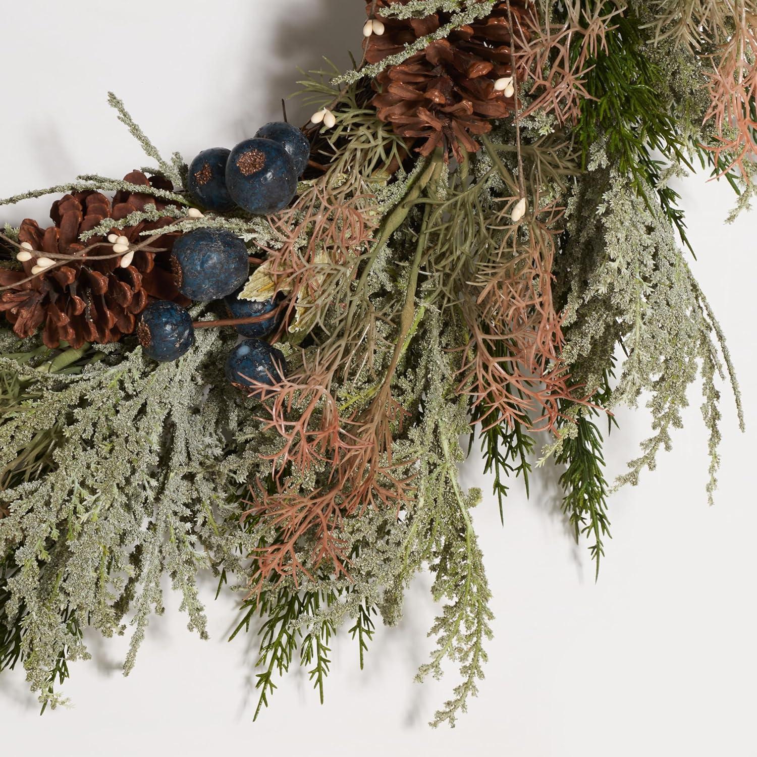 image:imageSAFAVIEH Home Collection 31inch Decorative Artificial Berry amp Pine Cone Wreath with Bow Fully AssembledGreenBlue