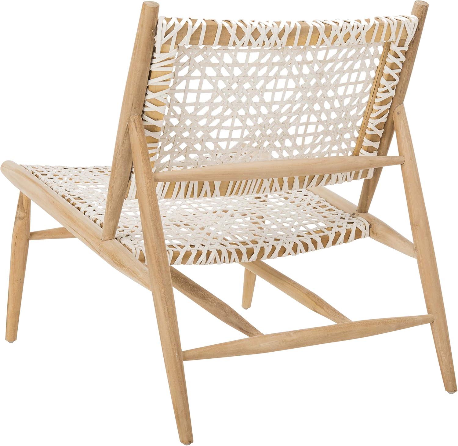 image:imageSAFAVIEH Home Collection Bandelier Light Oak Teak Wood White Leather Weave Accent Chair Fully AssembledWhite Natural