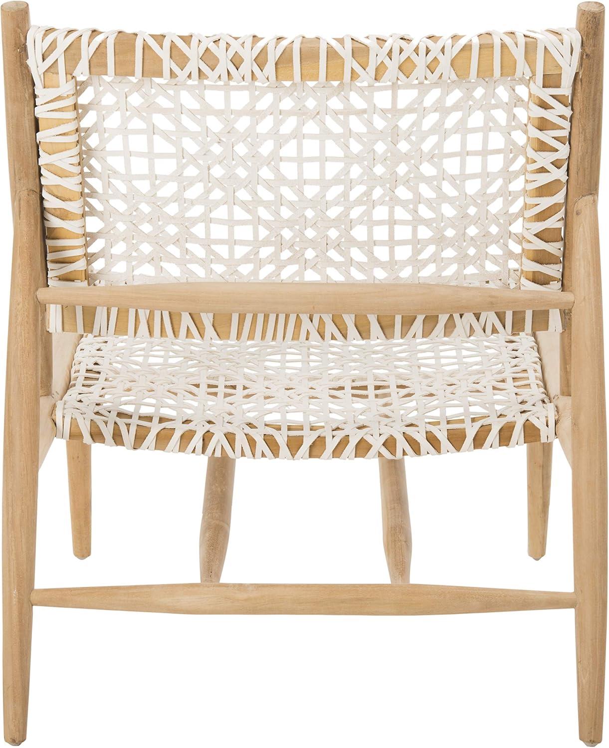 image:imageSAFAVIEH Home Collection Bandelier Light Oak Teak Wood White Leather Weave Accent Chair Fully AssembledWhite Natural