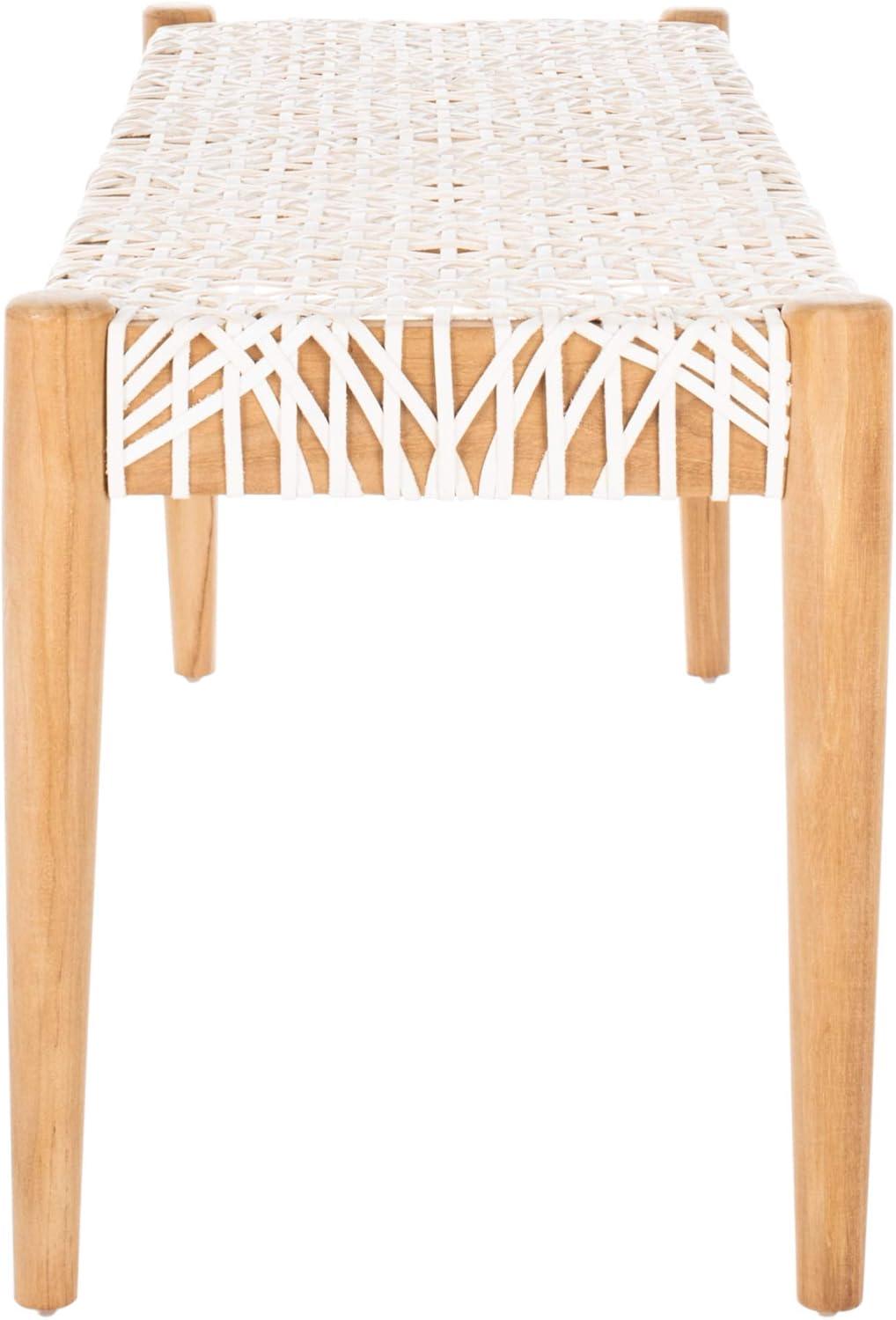 image:imageSAFAVIEH Home Collection Bandelier Natural Teak Wood OffWhite Leather Weave Entryway Foyer Dining BenchOff White Natural