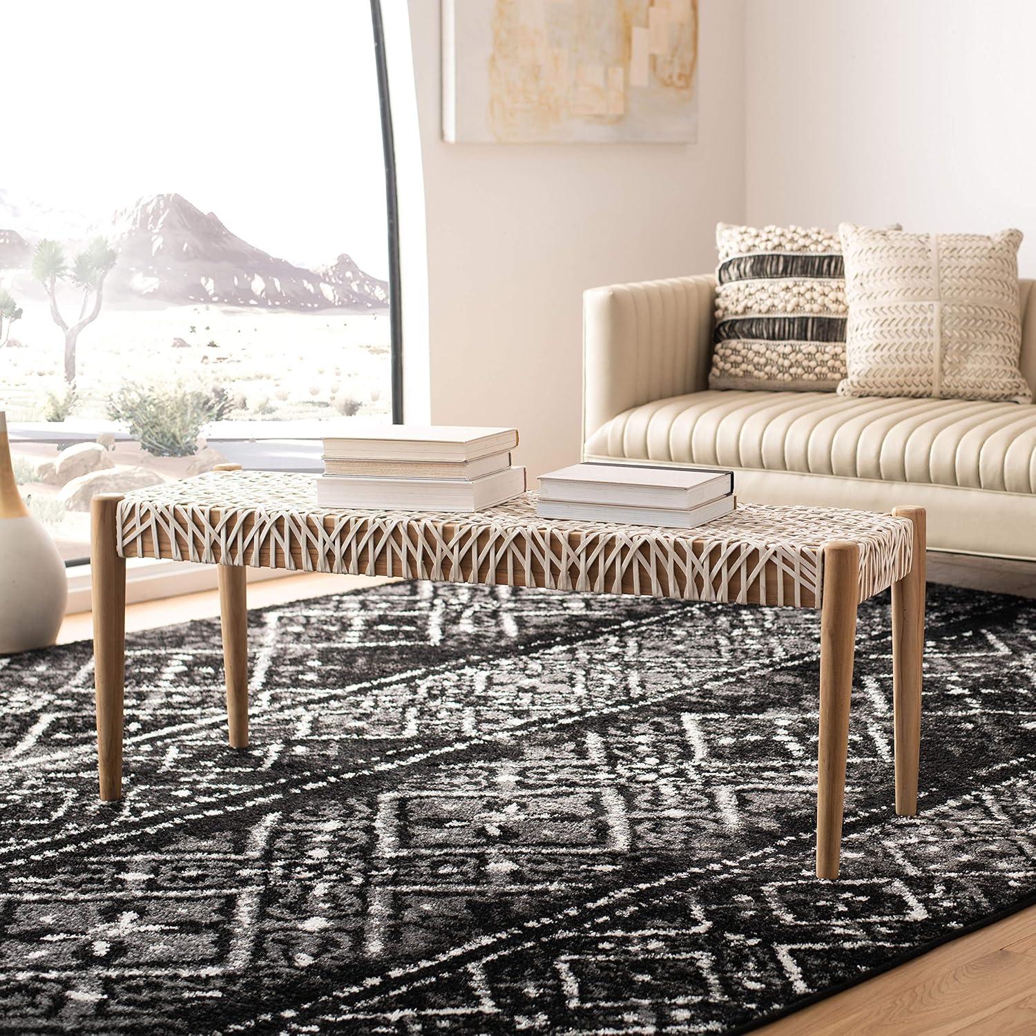 image:imageSAFAVIEH Home Collection Bandelier Natural Teak Wood OffWhite Leather Weave Entryway Foyer Dining BenchOff White Natural