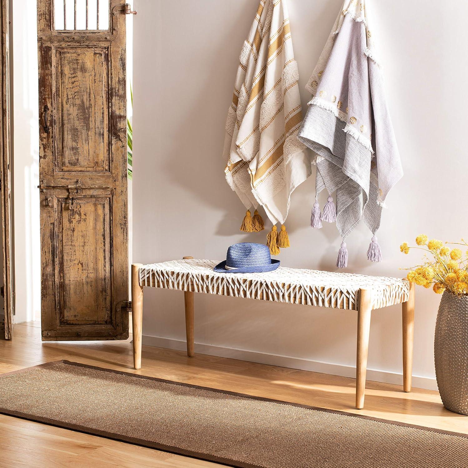 image:imageSAFAVIEH Home Collection Bandelier Natural Teak Wood OffWhite Leather Weave Entryway Foyer Dining BenchOff White Natural