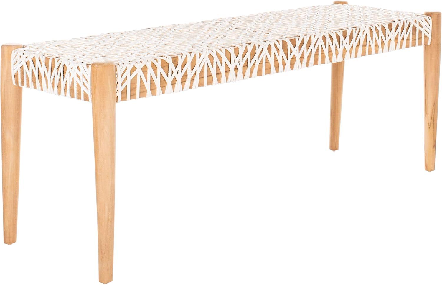 image:imageSAFAVIEH Home Collection Bandelier Natural Teak Wood OffWhite Leather Weave Entryway Foyer Dining BenchOff White Natural