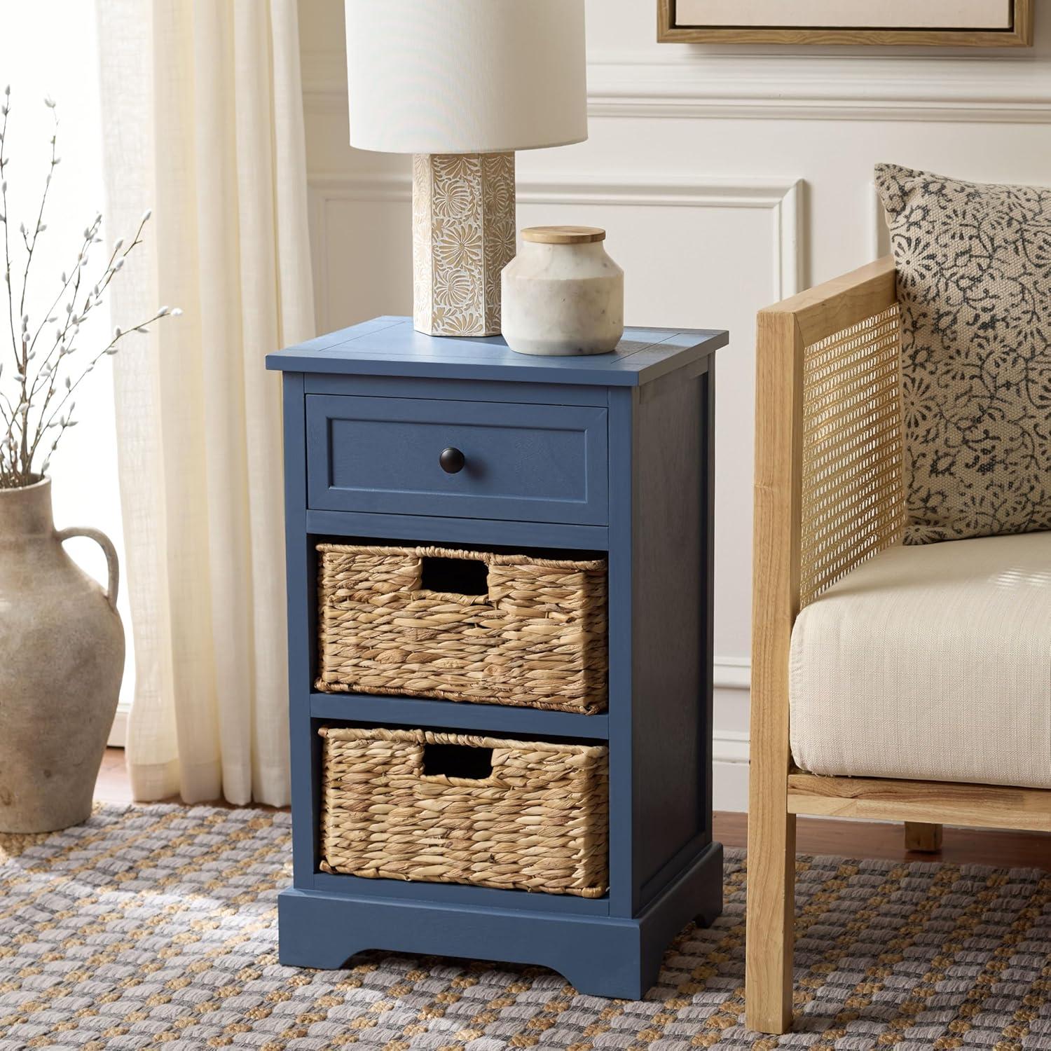 image:imageSAFAVIEH Home Collection Carrie Distressed Cream Natural Wicker 3Drawer Storage Nightstand Side Table Fully AssembledBlue