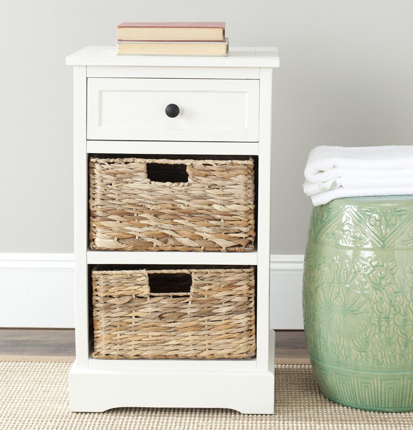 image:imageSAFAVIEH Home Collection Carrie Distressed Cream Natural Wicker 3Drawer Storage Nightstand Side Table Fully AssembledDistressed Cream