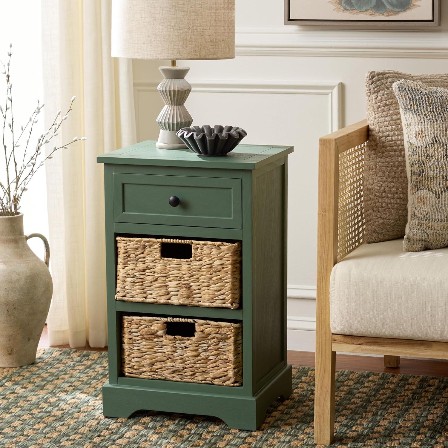 image:imageSAFAVIEH Home Collection Carrie Distressed Cream Natural Wicker 3Drawer Storage Nightstand Side Table Fully AssembledDusty Green