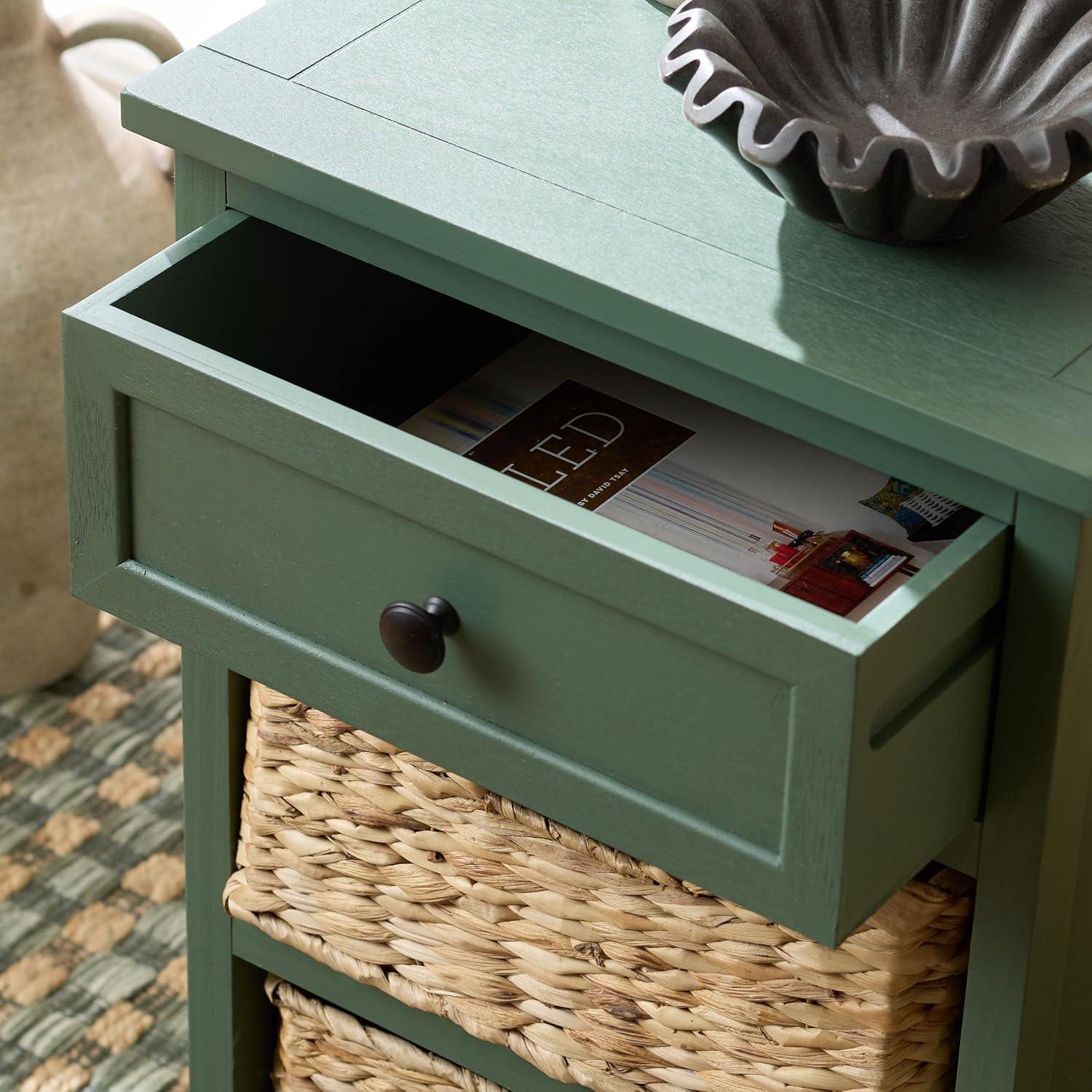 image:imageSAFAVIEH Home Collection Carrie Distressed Cream Natural Wicker 3Drawer Storage Nightstand Side Table Fully AssembledDusty Green