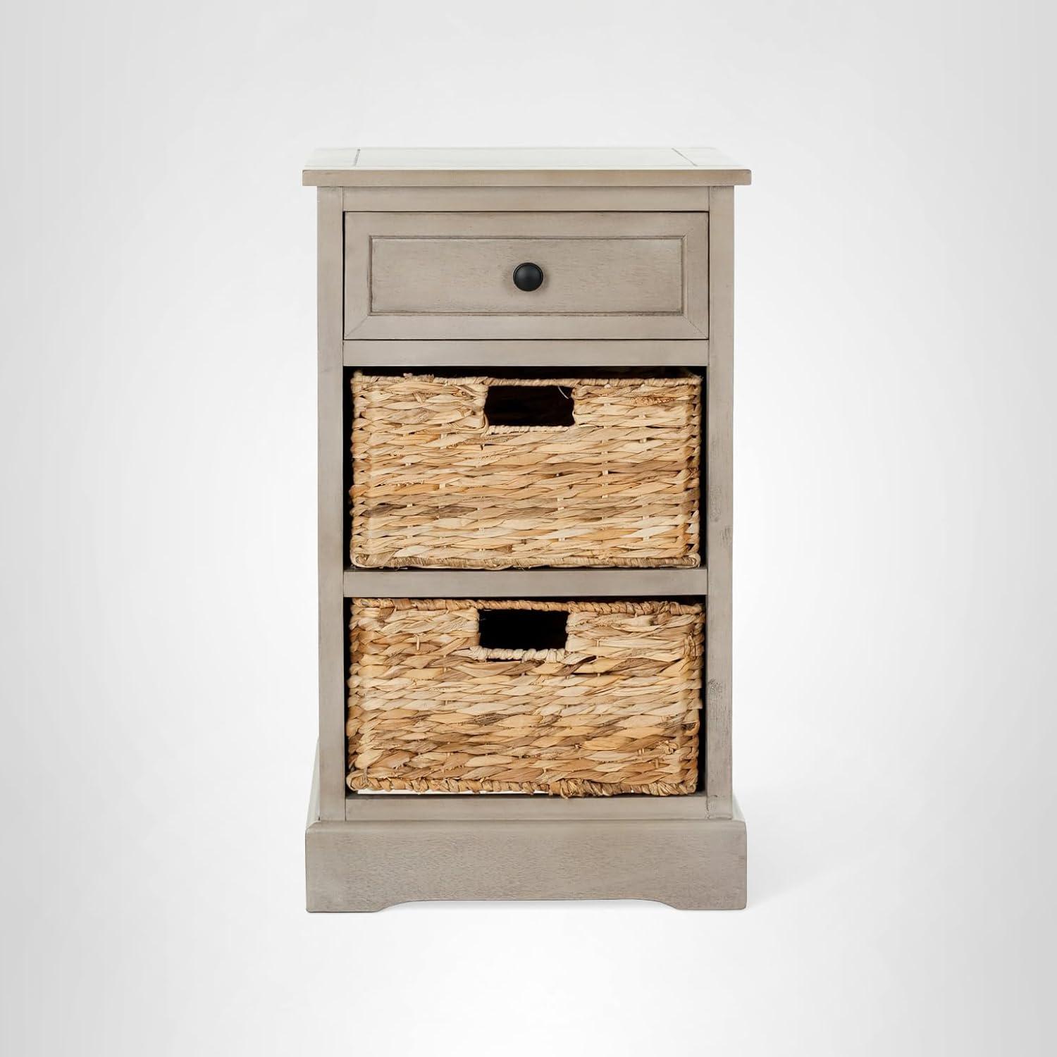 image:imageSAFAVIEH Home Collection Carrie Distressed Cream Natural Wicker 3Drawer Storage Nightstand Side Table Fully AssembledVintage Grey