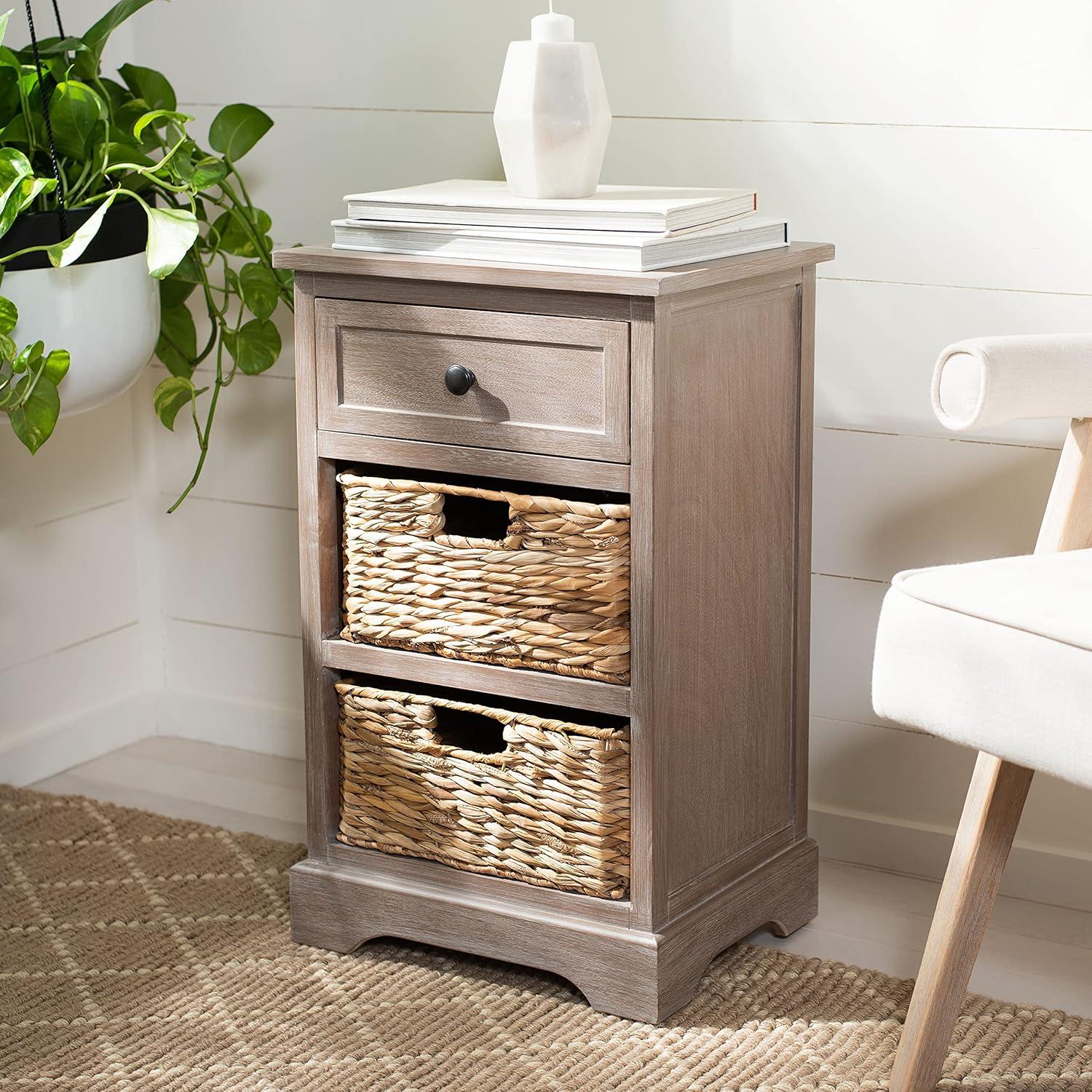 image:imageSAFAVIEH Home Collection Carrie Distressed Cream Natural Wicker 3Drawer Storage Nightstand Side Table Fully AssembledWhite Washed