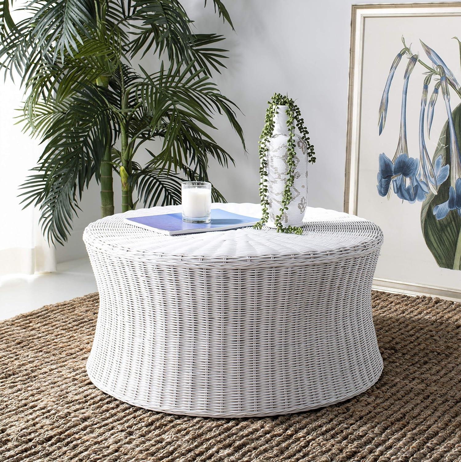 image:imageSAFAVIEH Home Collection Ruxton Dark Brown Rattan Round Coffee Table OttomanWhite
