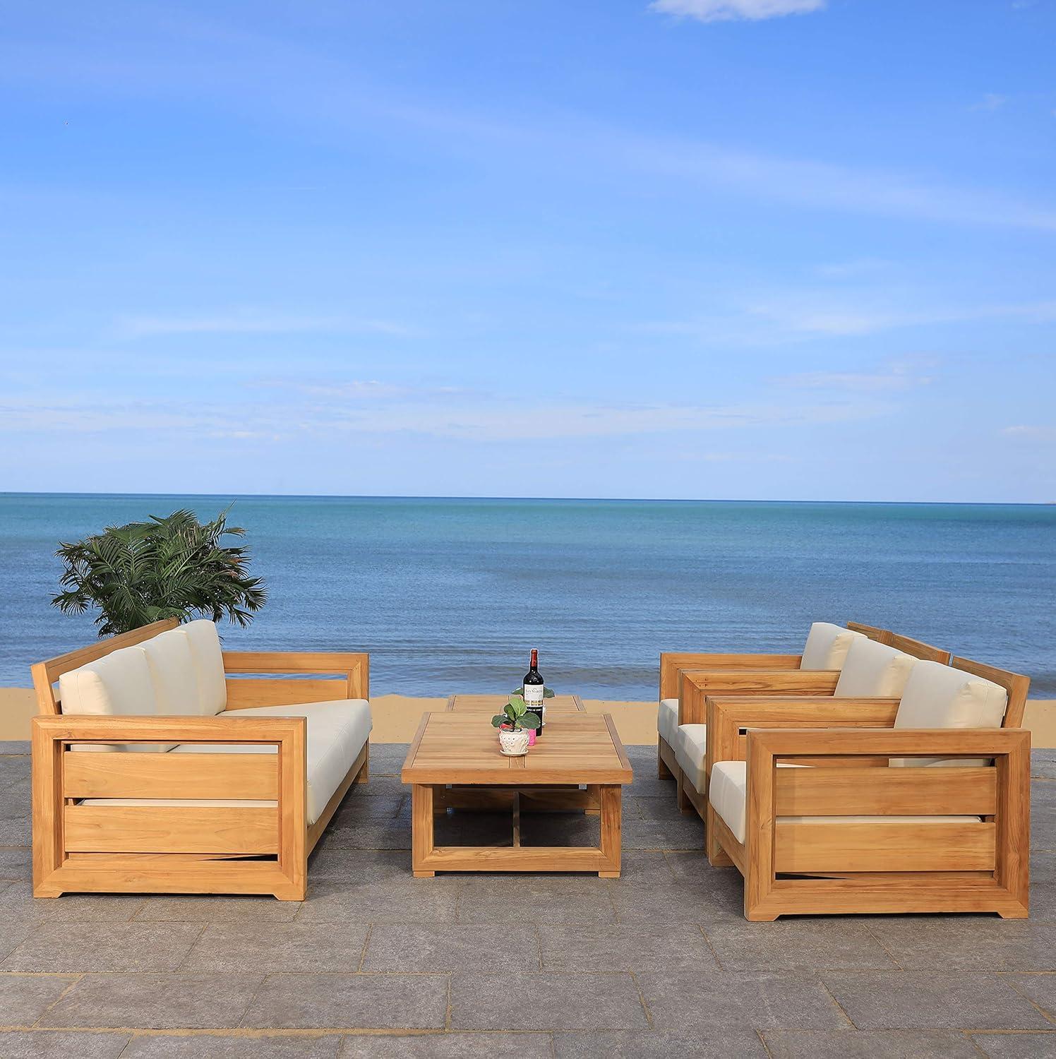 image:imageSafavieh Couture Patio Guadeloupe Natural Brazilian Teak and White Outdoor Club Chair