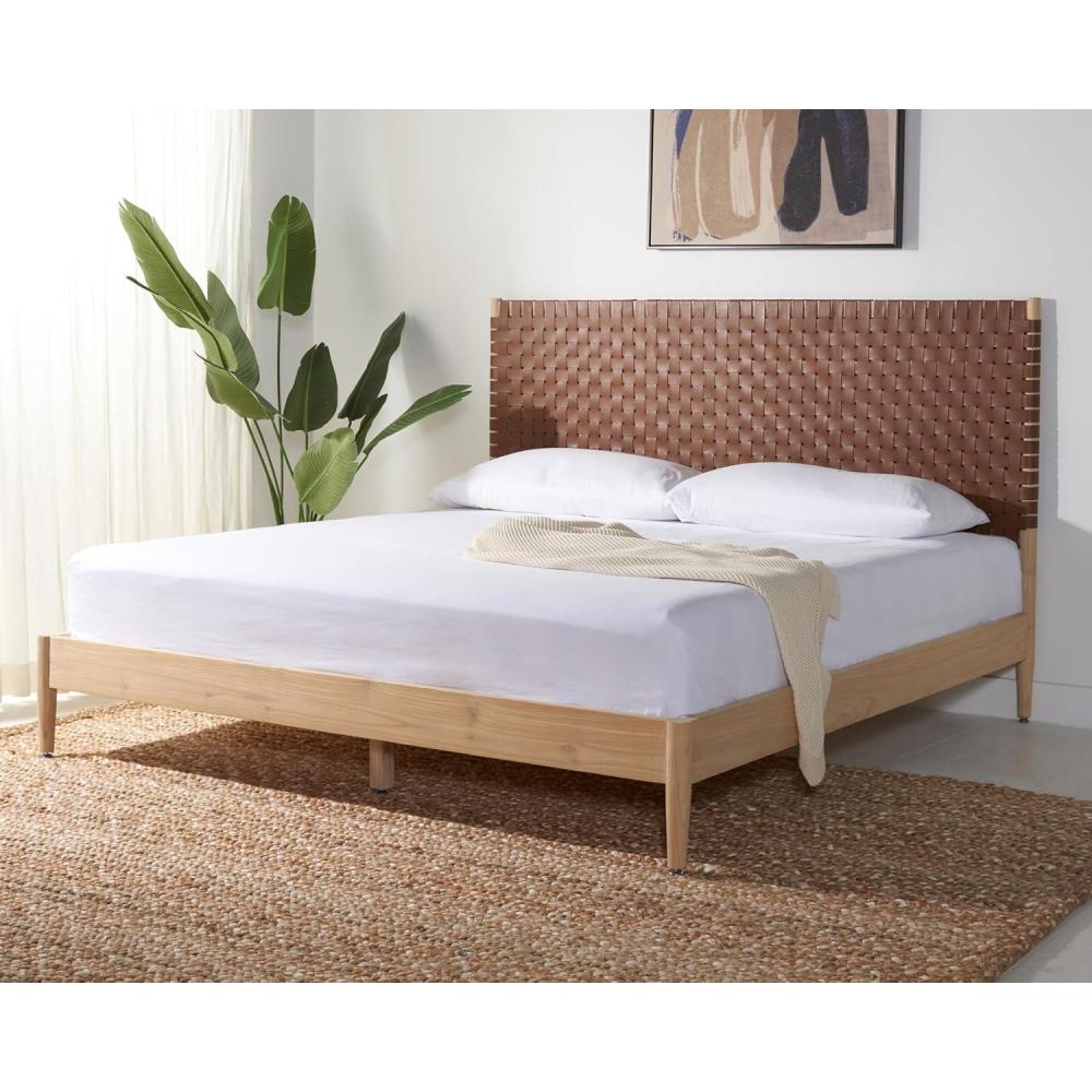 image:imageSAFAVIEH Couture Collection Cassity BrownNatural Solid Wood Queen Size Bed with Woven Leather HeadboardBrownNatural