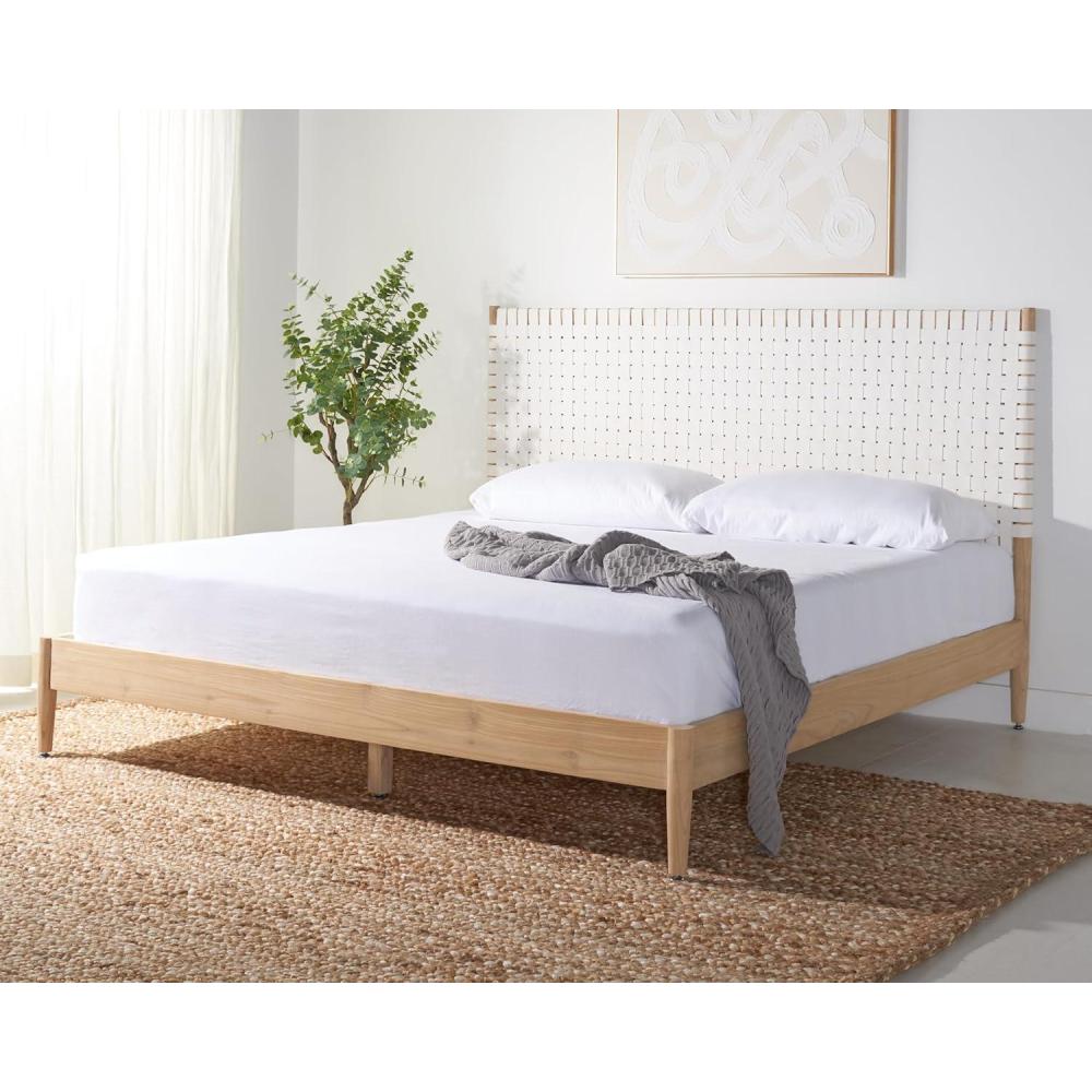 image:imageSAFAVIEH Couture Collection Cassity BrownNatural Solid Wood Queen Size Bed with Woven Leather HeadboardWhiteNatural