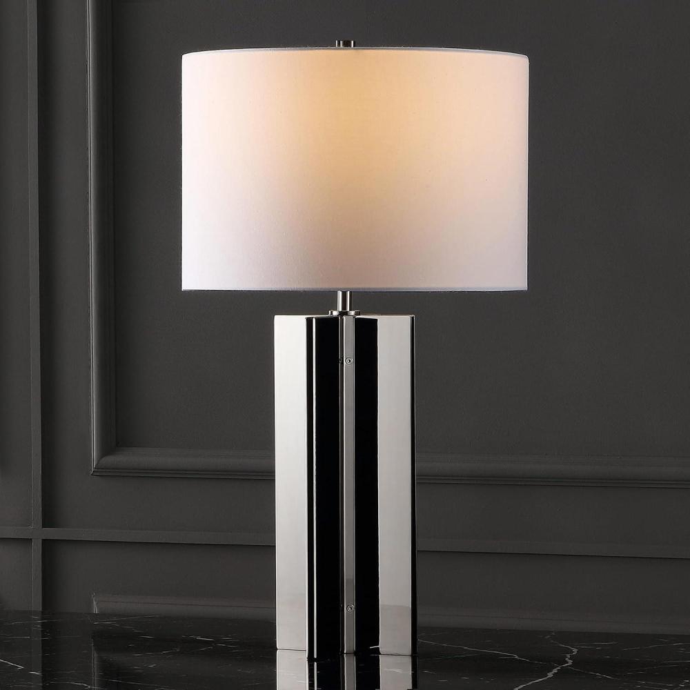 image:imageSAFAVIEH Couture Lighting Collection Rollins Square Metal GoldWhite 27inch Bedroom Living Room Home Office Desk Nightstand Table Lamp LED Bulb IncludedNickelWhite