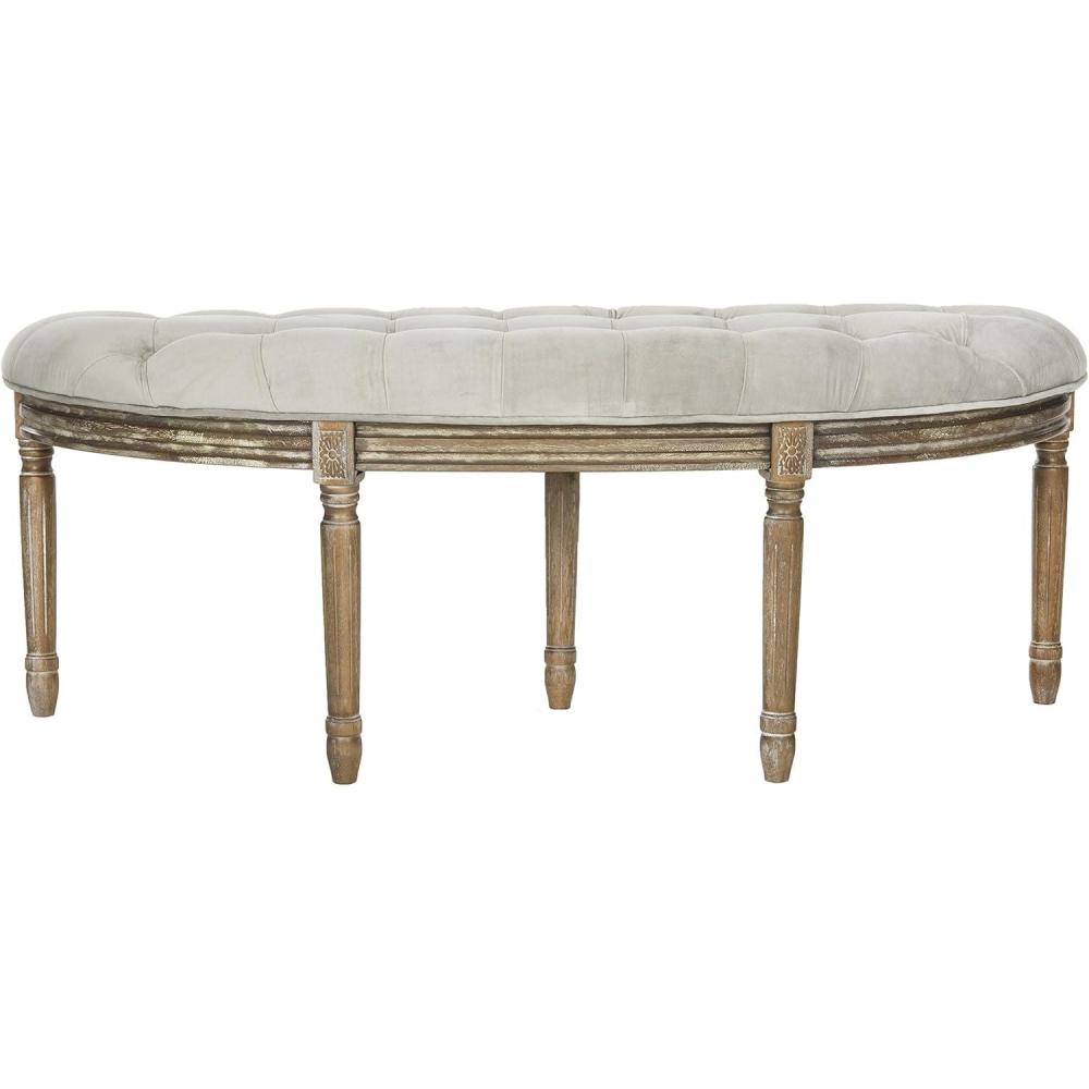 image:imageSAFAVIEH Home Collection  Abilene Tufted Rustic Oak SemiCircle Accent Bench Grey Velvet Upholstered Seating FrenchInspired Entryway or Bedroom Bench FOX6238BGrey  Rustic Oak
