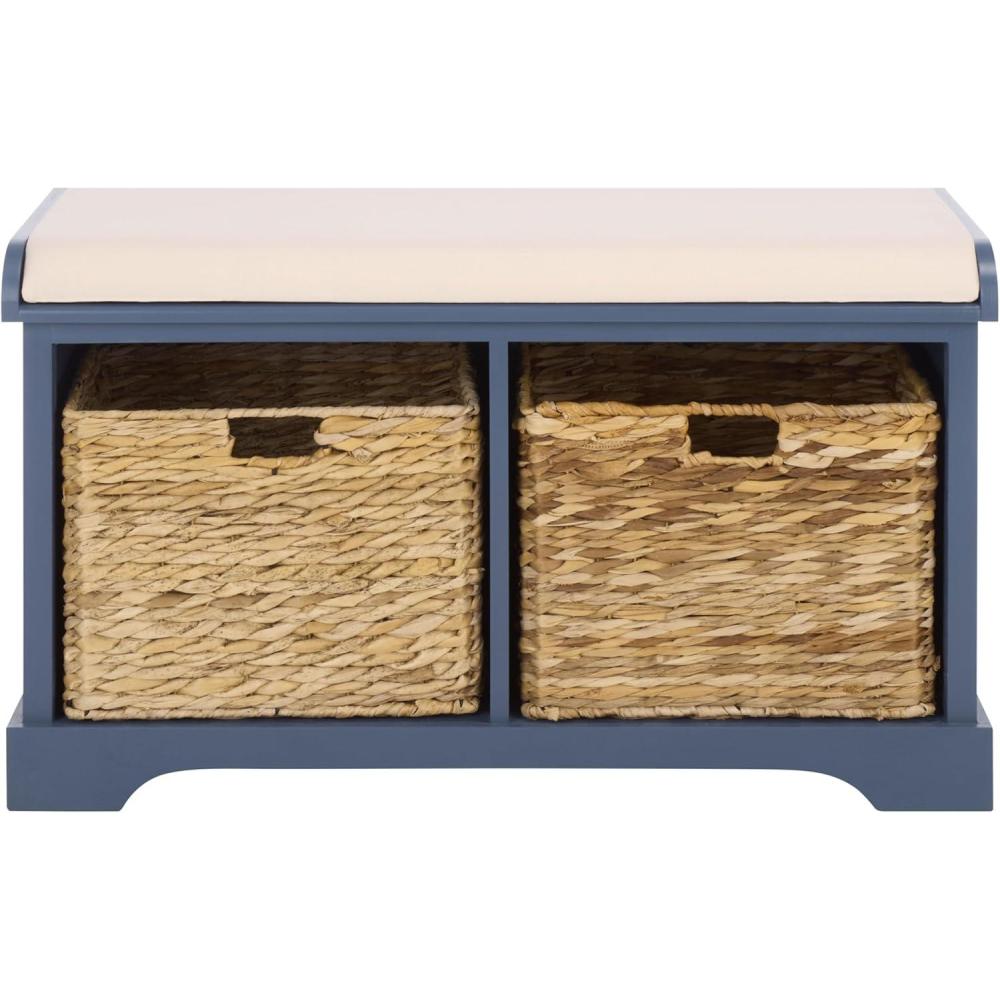 image:imageSAFAVIEH Home Collection  Freddy Brown Storage Bench with Wicker Baskets amp Cushion Entryway Seating Bench Fully Assembled AMH5736ABlue
