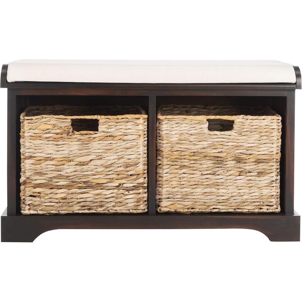 image:imageSAFAVIEH Home Collection  Freddy Brown Storage Bench with Wicker Baskets amp Cushion Entryway Seating Bench Fully Assembled AMH5736ABrown