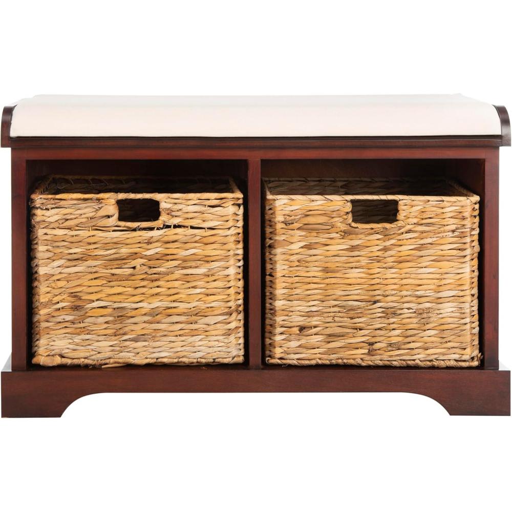 image:imageSAFAVIEH Home Collection  Freddy Brown Storage Bench with Wicker Baskets amp Cushion Entryway Seating Bench Fully Assembled AMH5736ACherry
