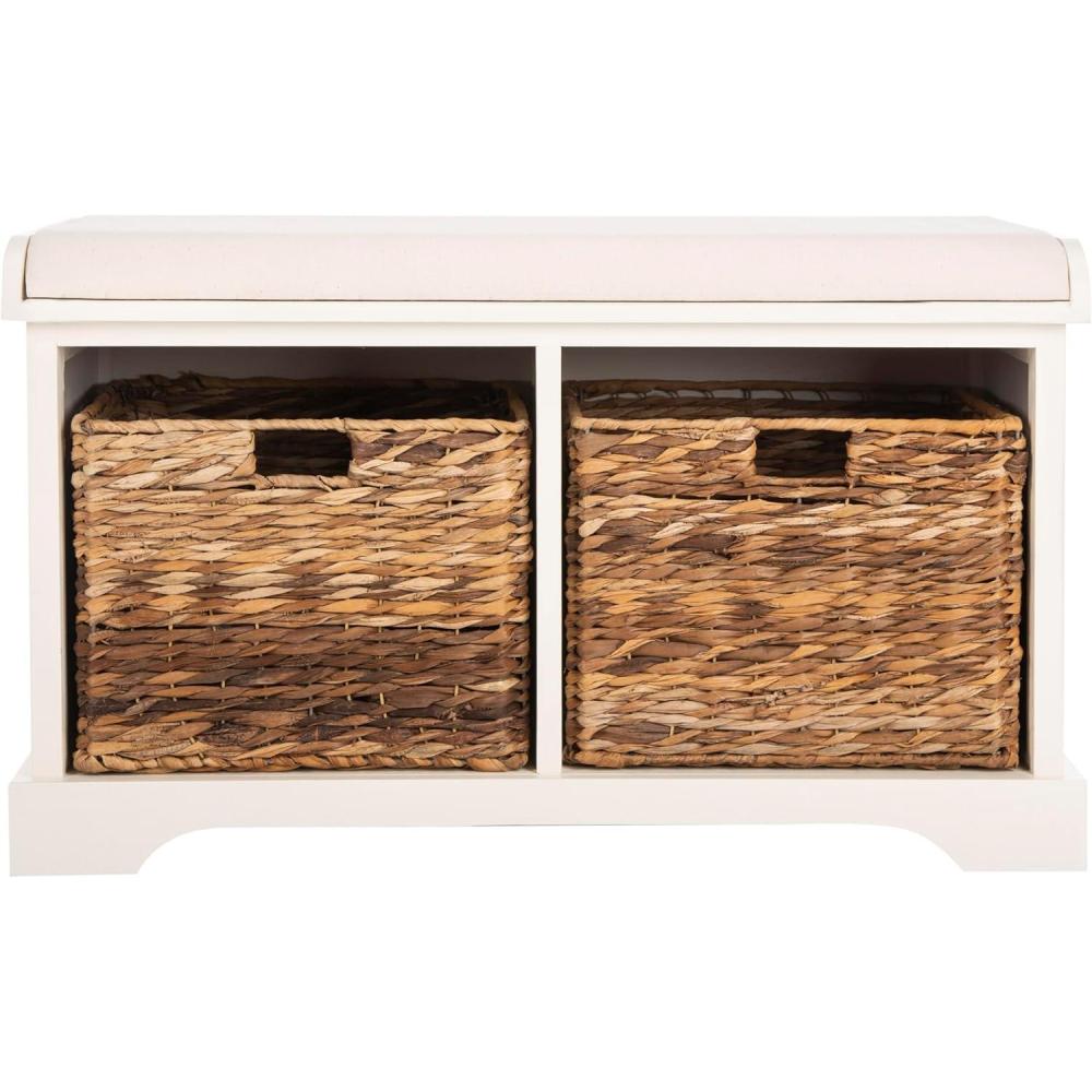 image:imageSAFAVIEH Home Collection  Freddy Brown Storage Bench with Wicker Baskets amp Cushion Entryway Seating Bench Fully Assembled AMH5736AVintage White