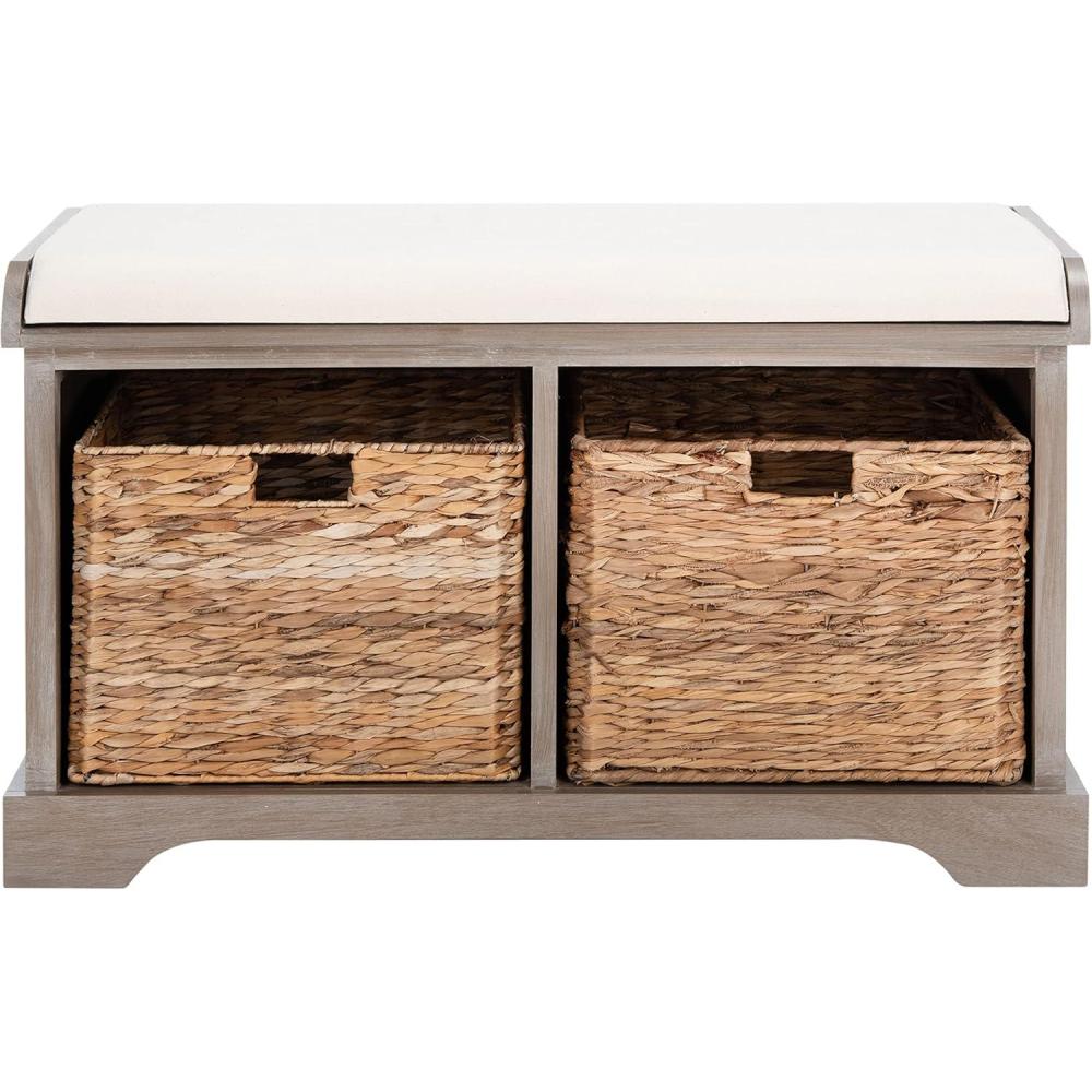 image:imageSAFAVIEH Home Collection Freddy Brown Storage Bench with Wicker Baskets amp Cushion Entryway Seating Bench Fully Assembled AMH5736AWhite Washed