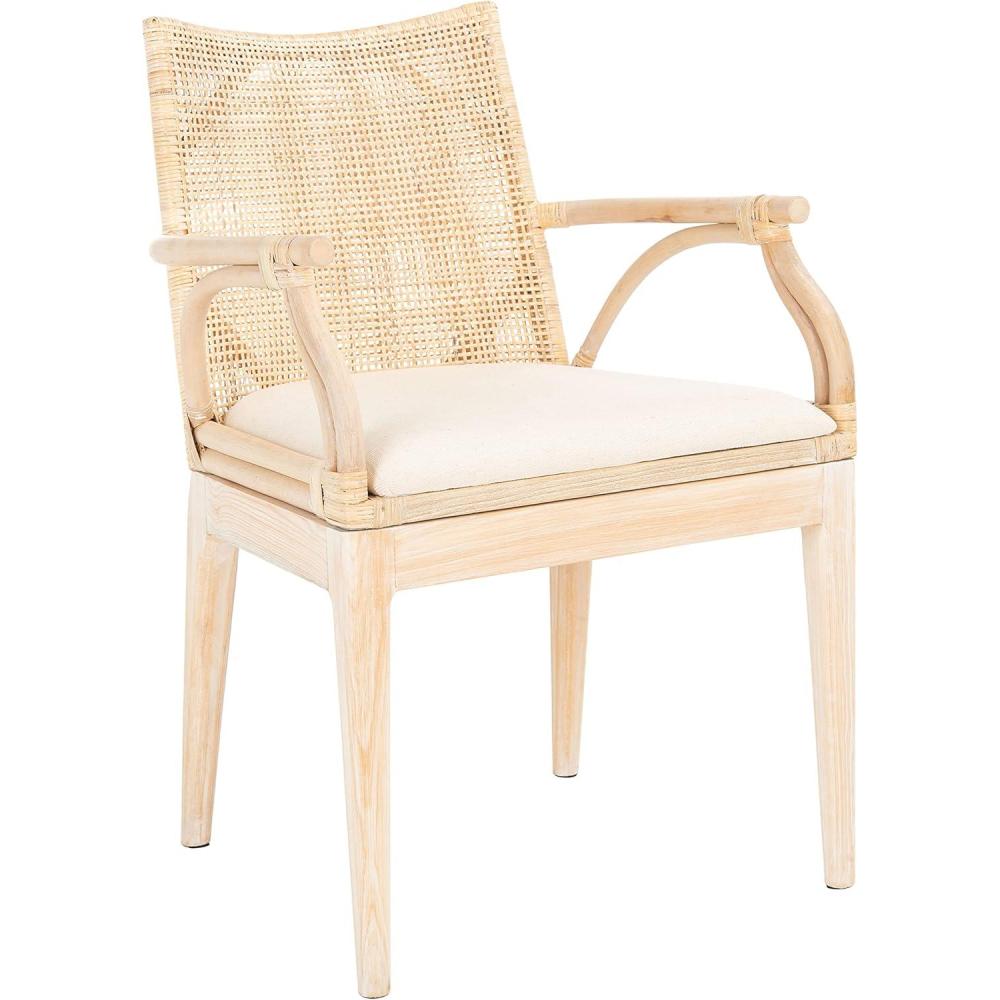 image:imageSAFAVIEH Home Collection  Gianni Brown amp Black Solid Wood Rattan Arm Chair Tropical Coastal Accent Seating for Living Room or Dining Space SEA4011ANatural  White Washed