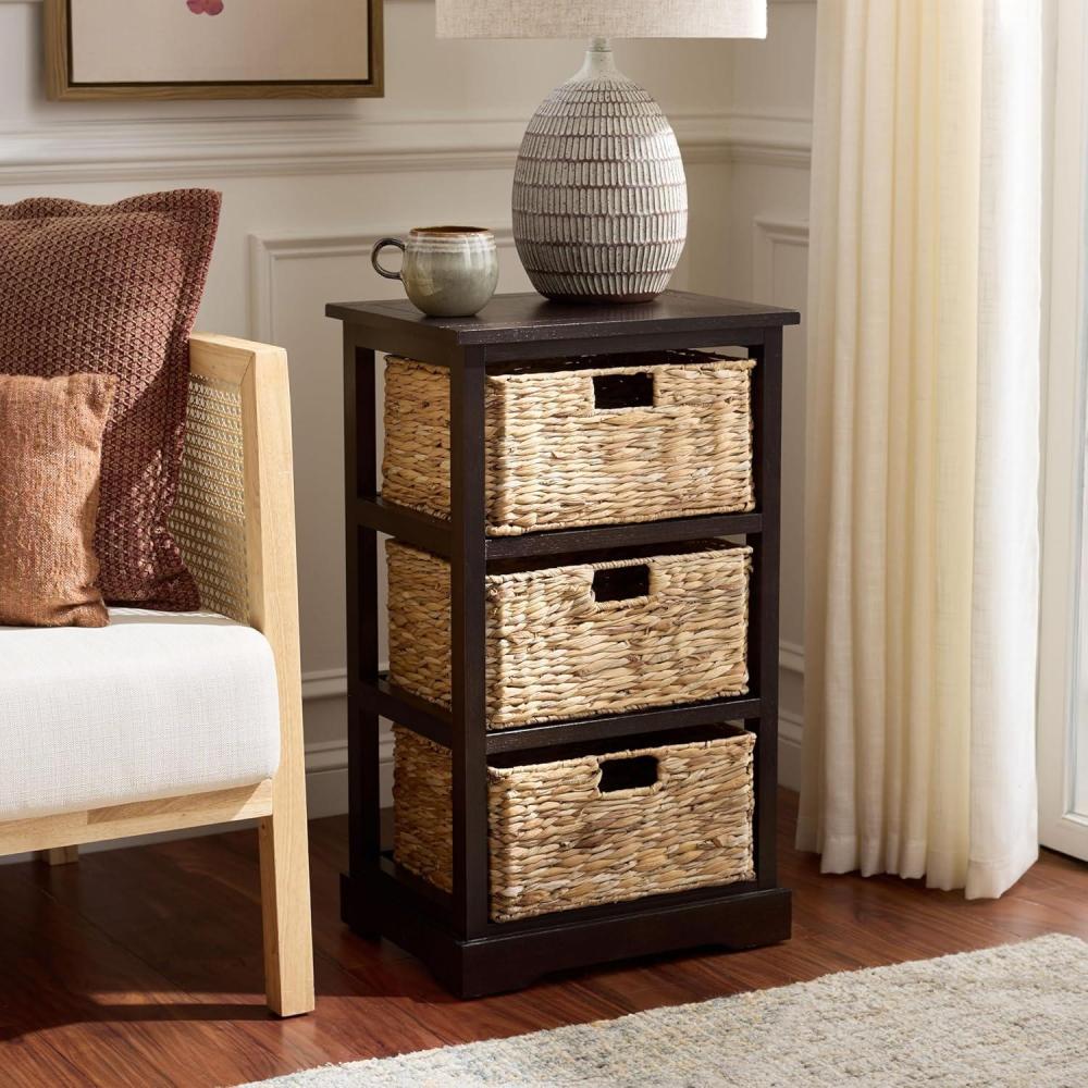 image:imageSAFAVIEH Home Collection  Halle Distressed Black Storage Side Table with Wicker Baskets Farmhouse Accent Storage Fully Assembled AMH5738ADark Chocolate
