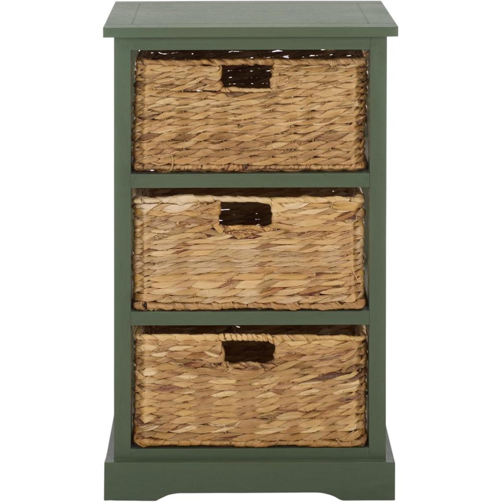 image:imageSAFAVIEH Home Collection  Halle Distressed Black Storage Side Table with Wicker Baskets Farmhouse Accent Storage Fully Assembled AMH5738ADusty Green