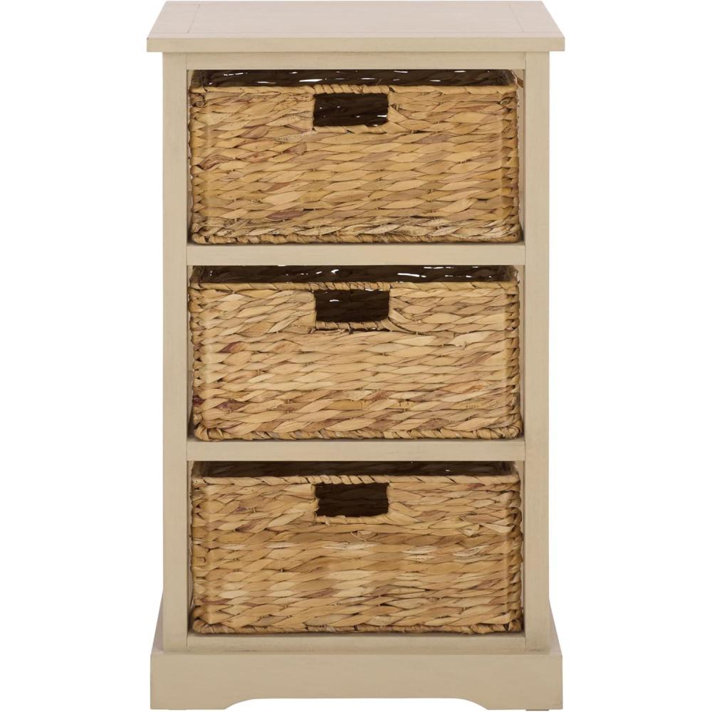 image:imageSAFAVIEH Home Collection  Halle Distressed Black Storage Side Table with Wicker Baskets Farmhouse Accent Storage Fully Assembled AMH5738ASand