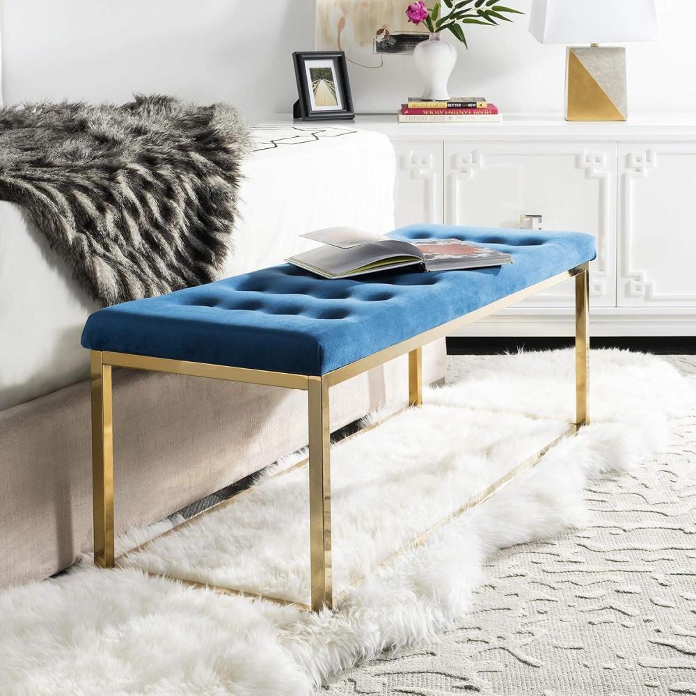 image:imageSAFAVIEH Home Collection Reynolds Black Tufted Upholstered Accent Bench Modern ParsonsStyle Open Frame Bench with Brass Legs for Bedroom Entryway or Living Room FOX6225ENavy Brass