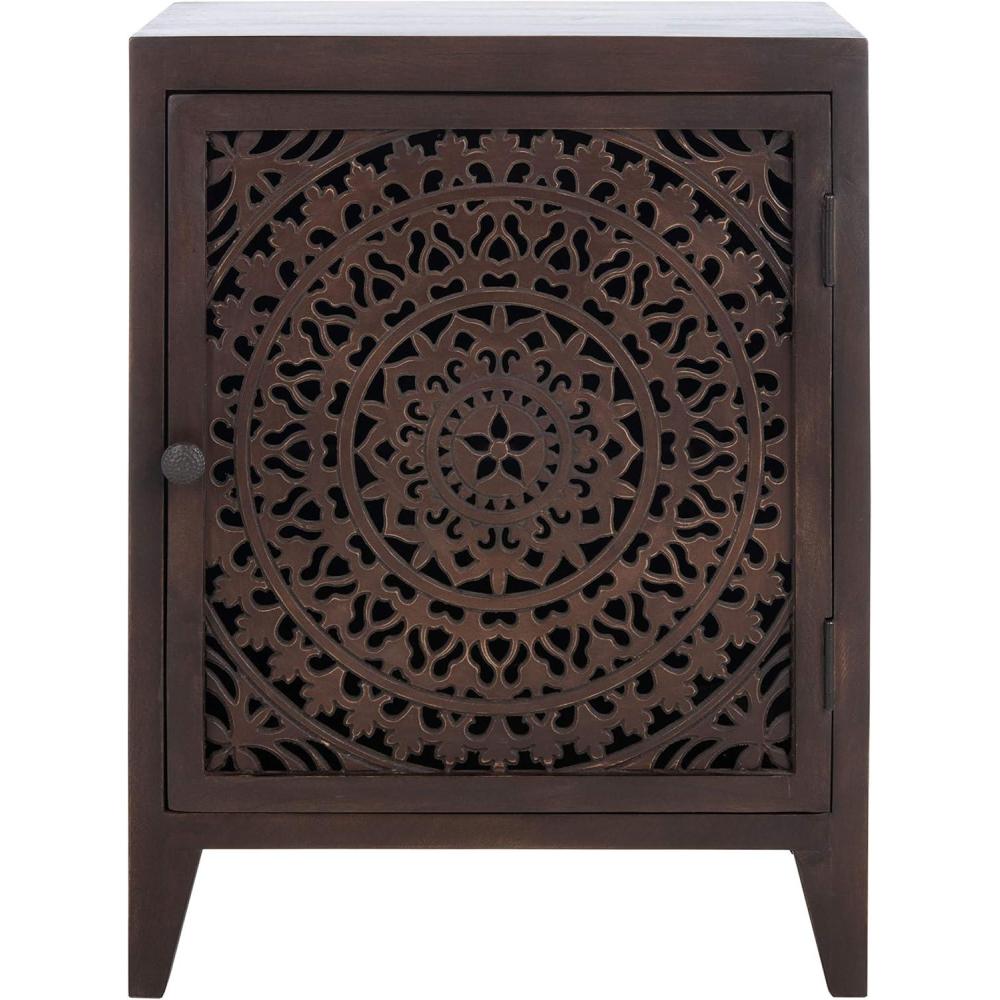 image:imageSAFAVIEH Home Collection Thea Brown Carved Mandala 1Door Storage Nightstand Fully Assembled Boho Accent Side Table NST5300ABrown