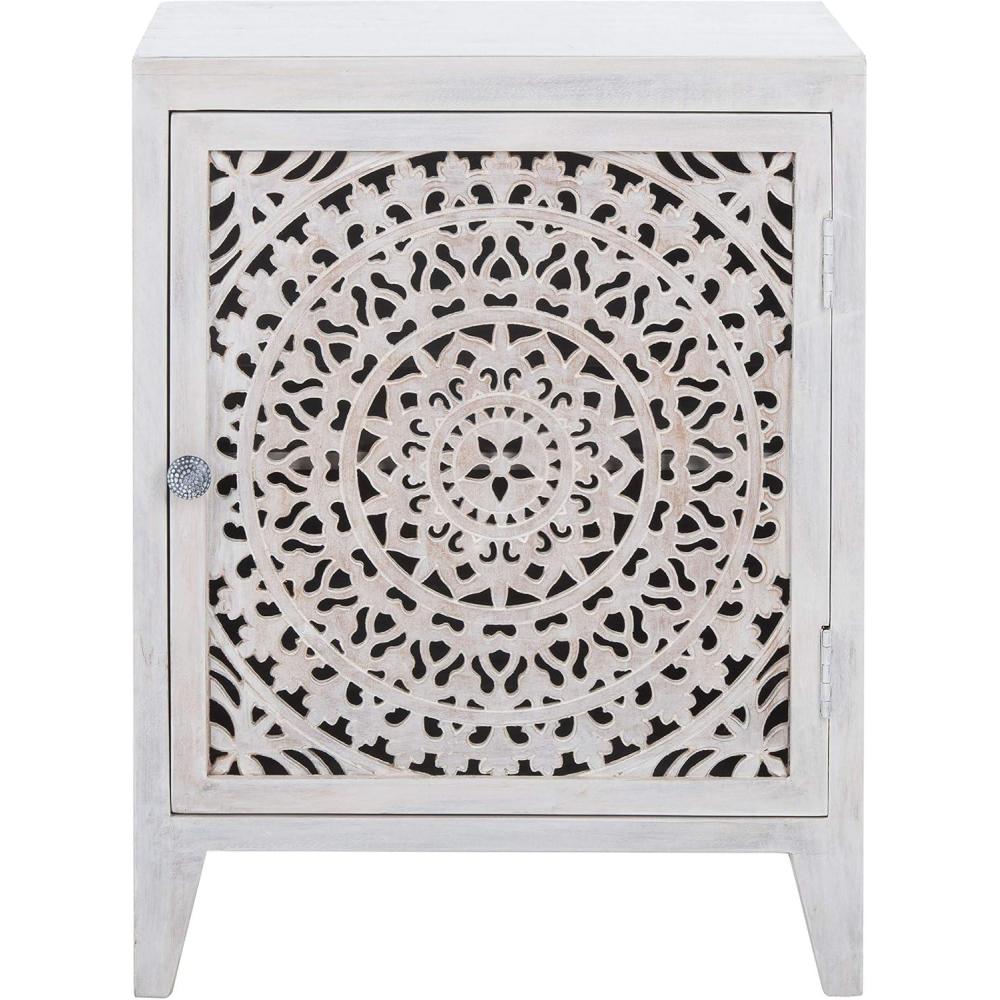 image:imageSAFAVIEH Home Collection Thea Brown Carved Mandala 1Door Storage Nightstand Fully Assembled Boho Accent Side Table NST5300AWhite Washed