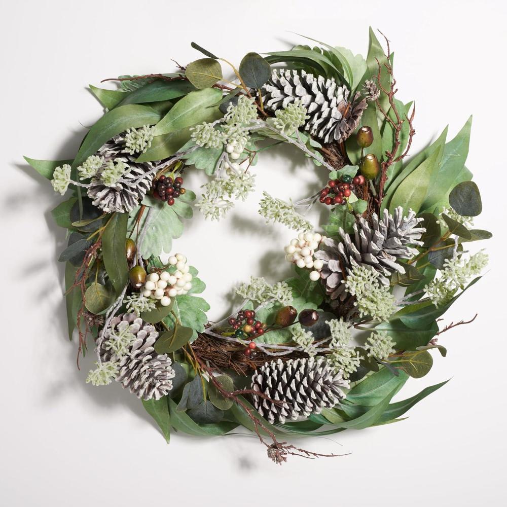 image:imageSAFAVIEH Home Collection 24inch Decorative Artificial Eucalyptus amp Berries Wreath with Pine Cones Fully Assembled