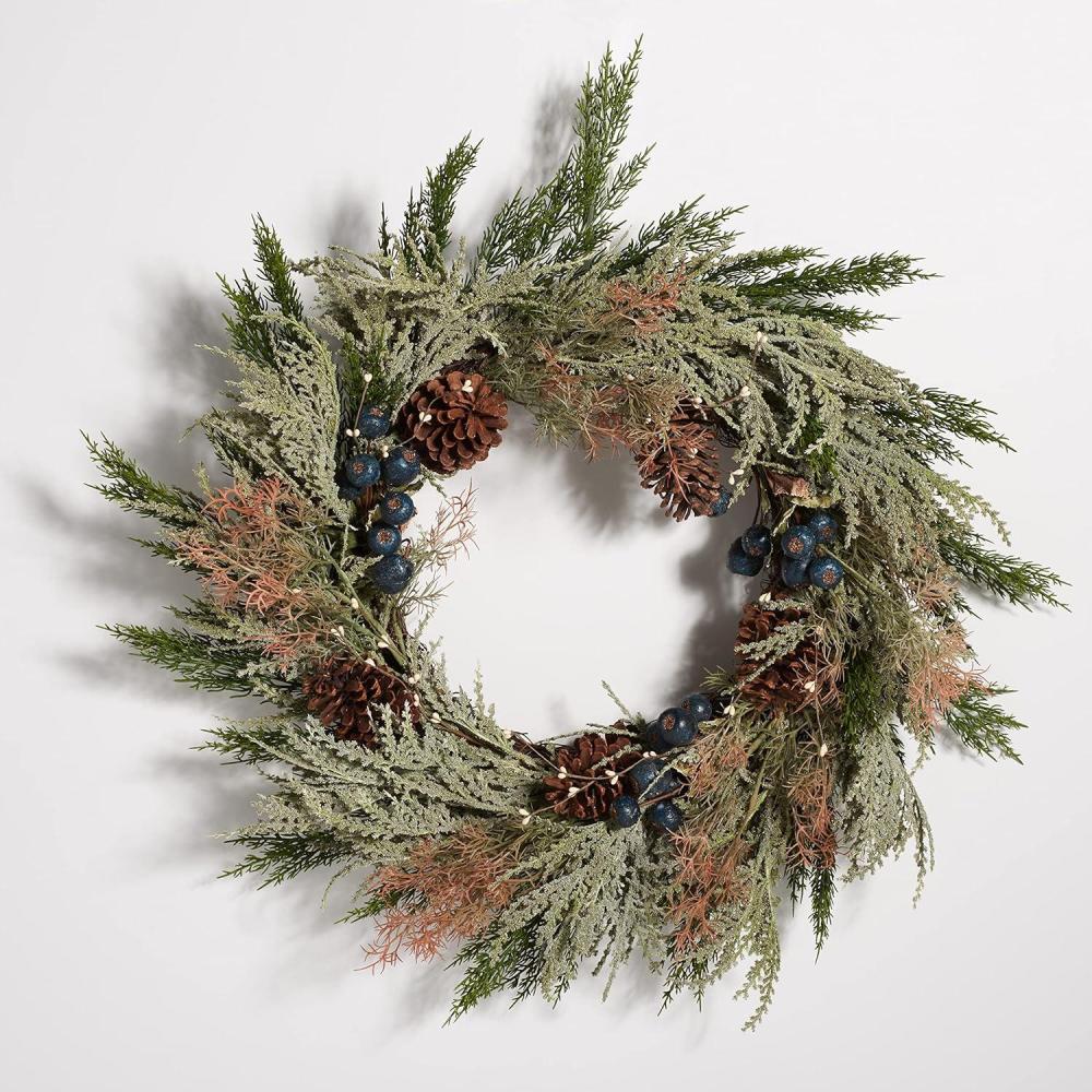 image:imageSAFAVIEH Home Collection 31inch Decorative Artificial Berry amp Pine Cone Wreath with Bow Fully AssembledGreenBlue