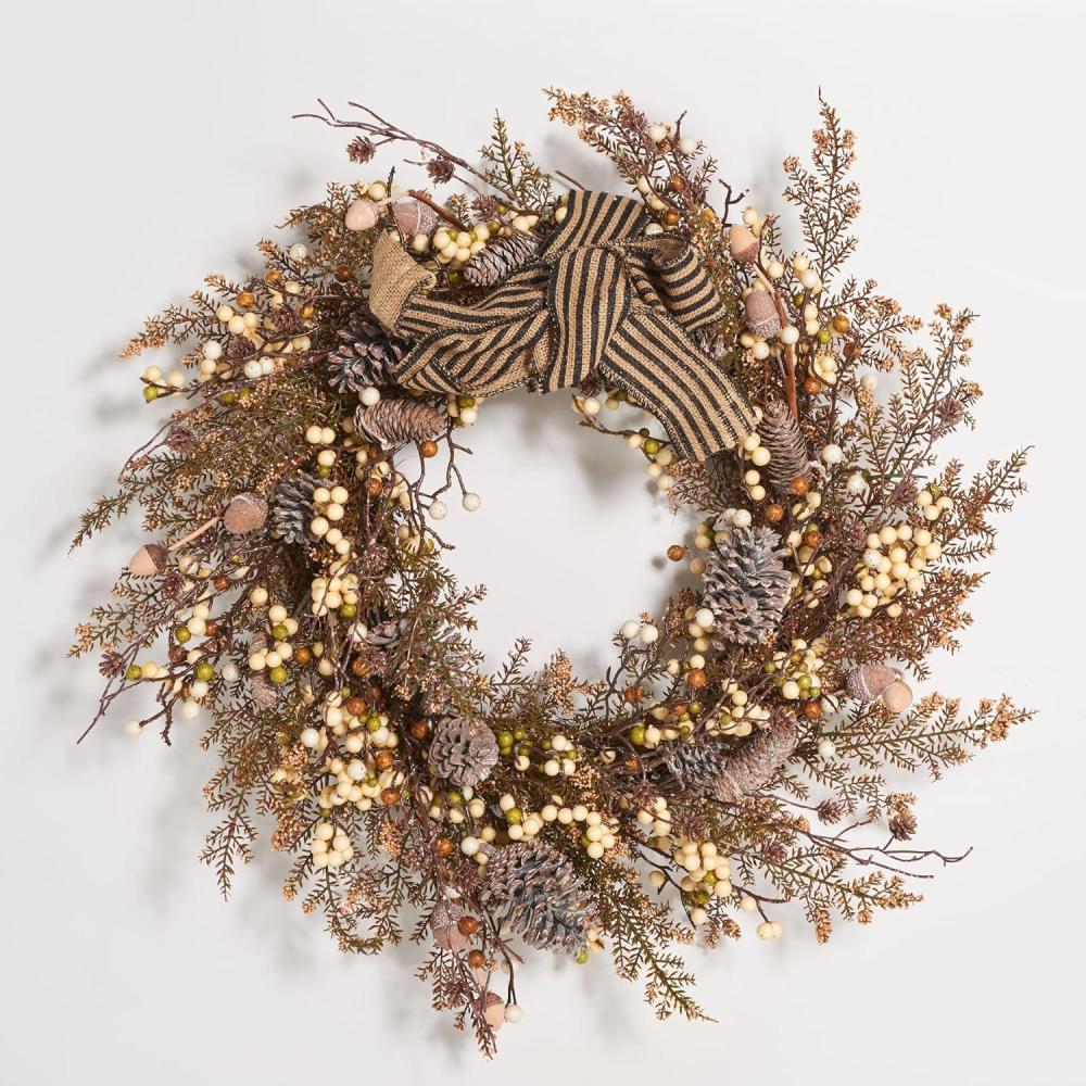 image:imageSAFAVIEH Home Collection 31inch Decorative Artificial Berry amp Pine Cone Wreath with Bow Fully AssembledMulticolor