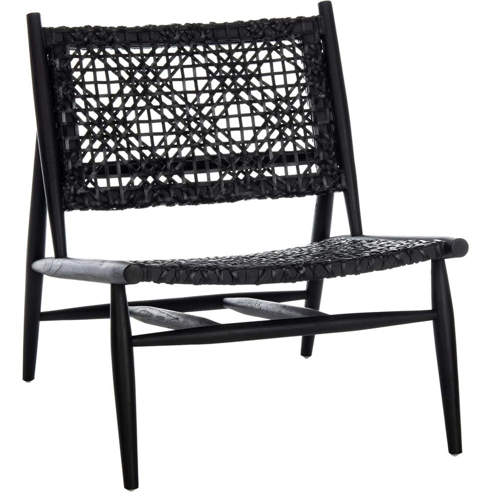 image:imageSAFAVIEH Home Collection Bandelier Light Oak Teak Wood White Leather Weave Accent Chair Fully AssembledBlack Black