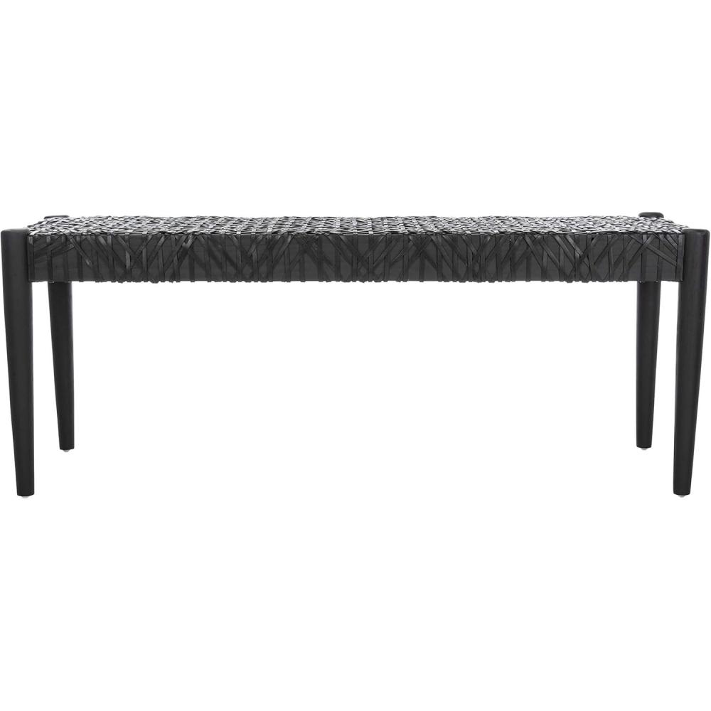 image:imageSAFAVIEH Home Collection Bandelier Natural Teak Wood OffWhite Leather Weave Entryway Foyer Dining BenchBlack Black