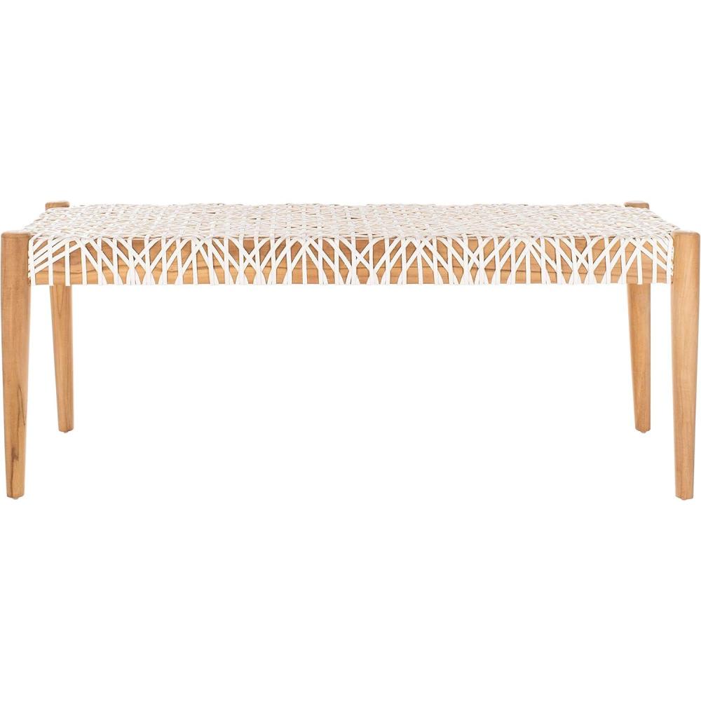 image:imageSAFAVIEH Home Collection Bandelier Natural Teak Wood OffWhite Leather Weave Entryway Foyer Dining BenchOff White Natural