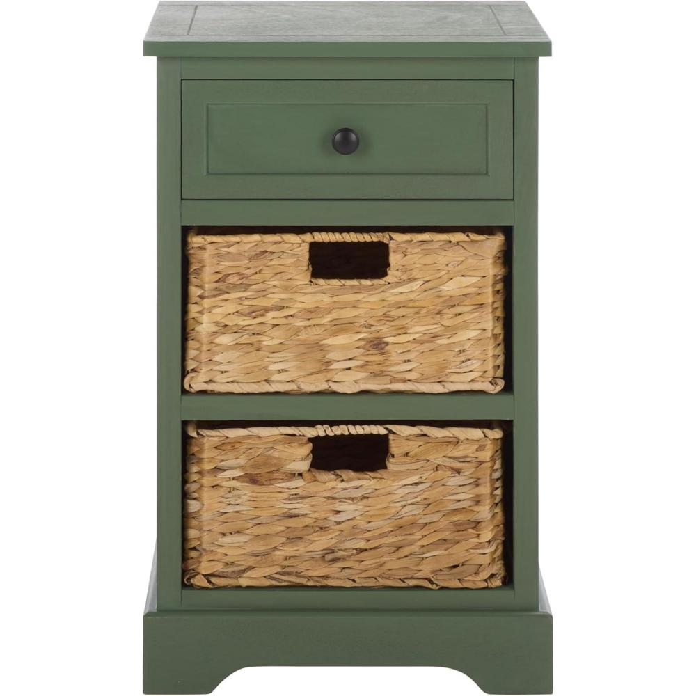 image:imageSAFAVIEH Home Collection Carrie Distressed Cream Natural Wicker 3Drawer Storage Nightstand Side Table Fully AssembledDusty Green