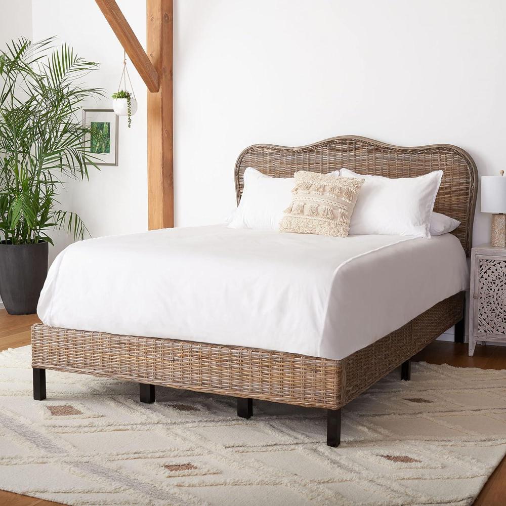 image:imageSAFAVIEH Home Collection Daejon Coastal Rattan Legs Camelback Headboard Queen Size Bed BED8001AQ GreyEspressoGrey Espresso