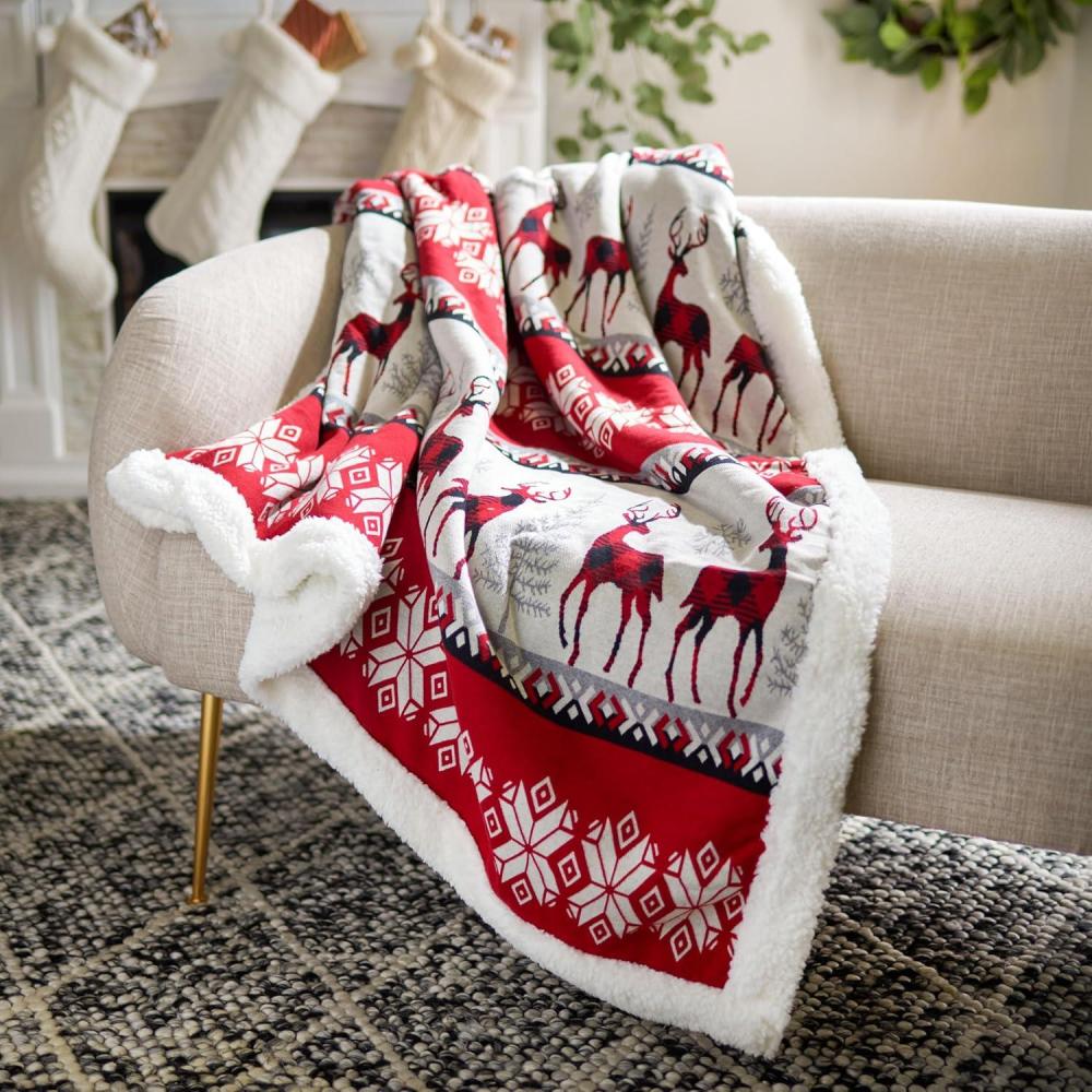 image:imageSAFAVIEH Home Collection Prancer Red Sherpa 50 x 60inch Holiday Decorative Throw Blanket